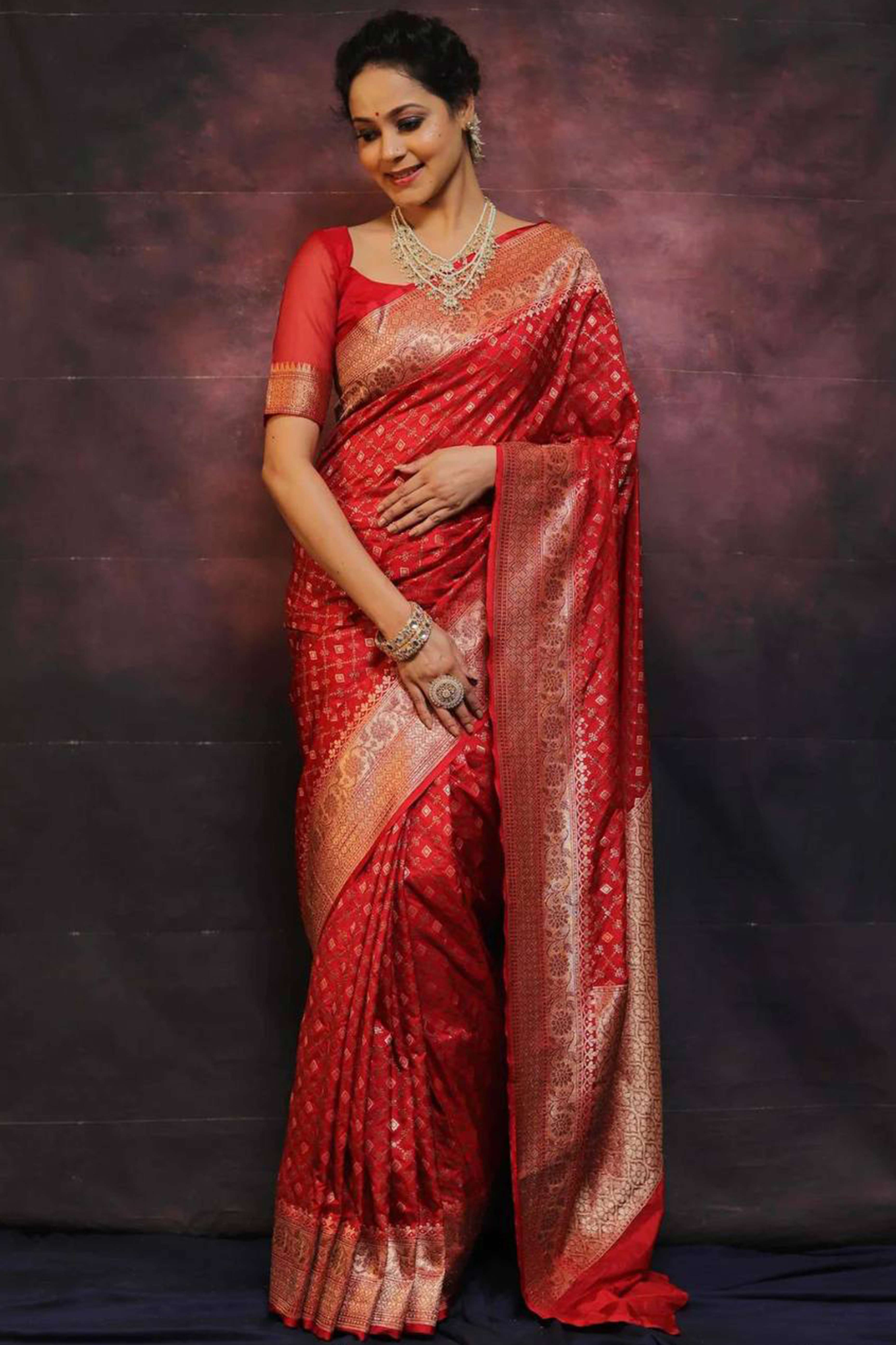 Red Floral Woven Lichi Banarasi Silk Saree