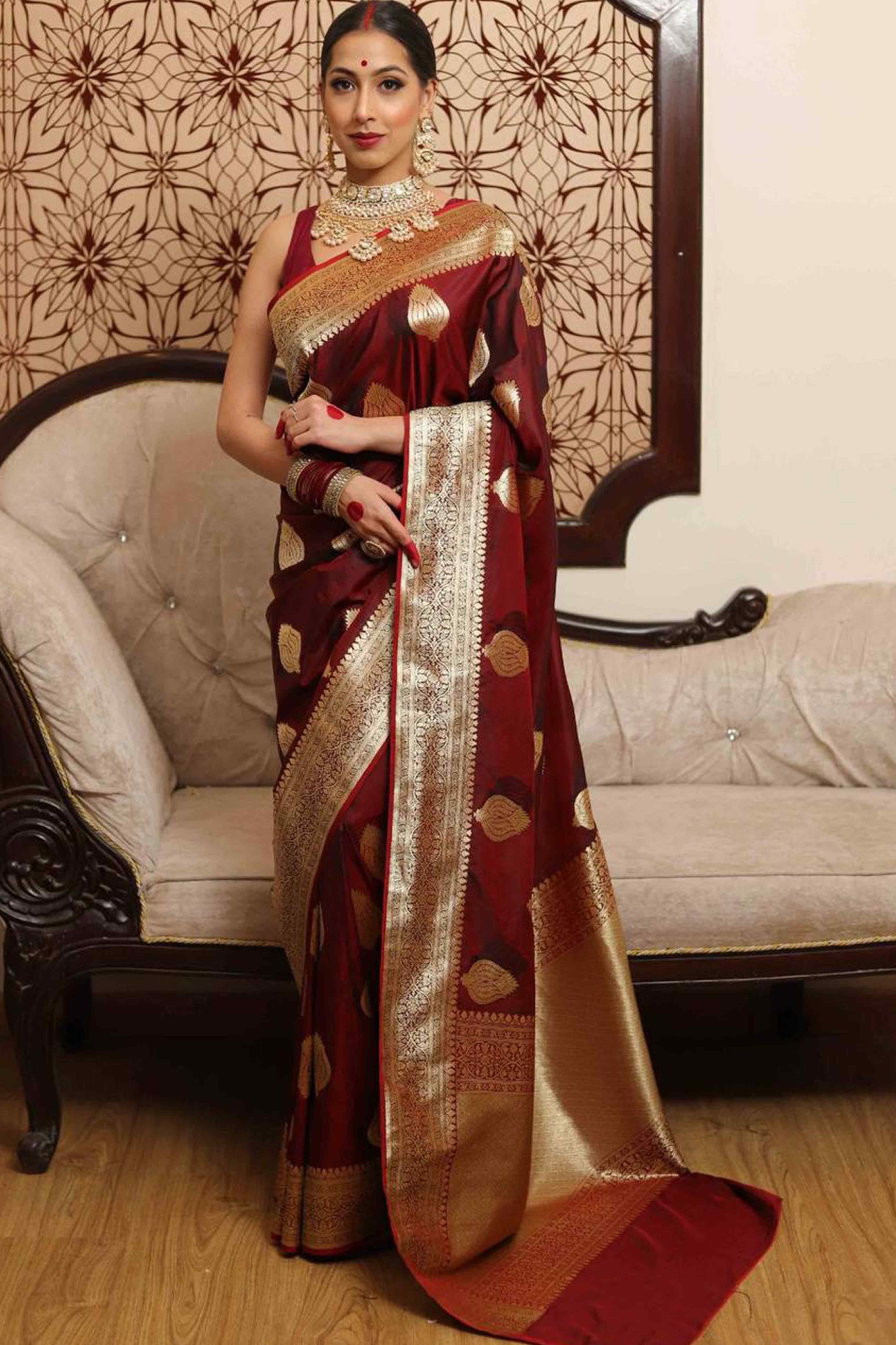 Maroon Floral Woven Lichi Banarasi Silk Saree
