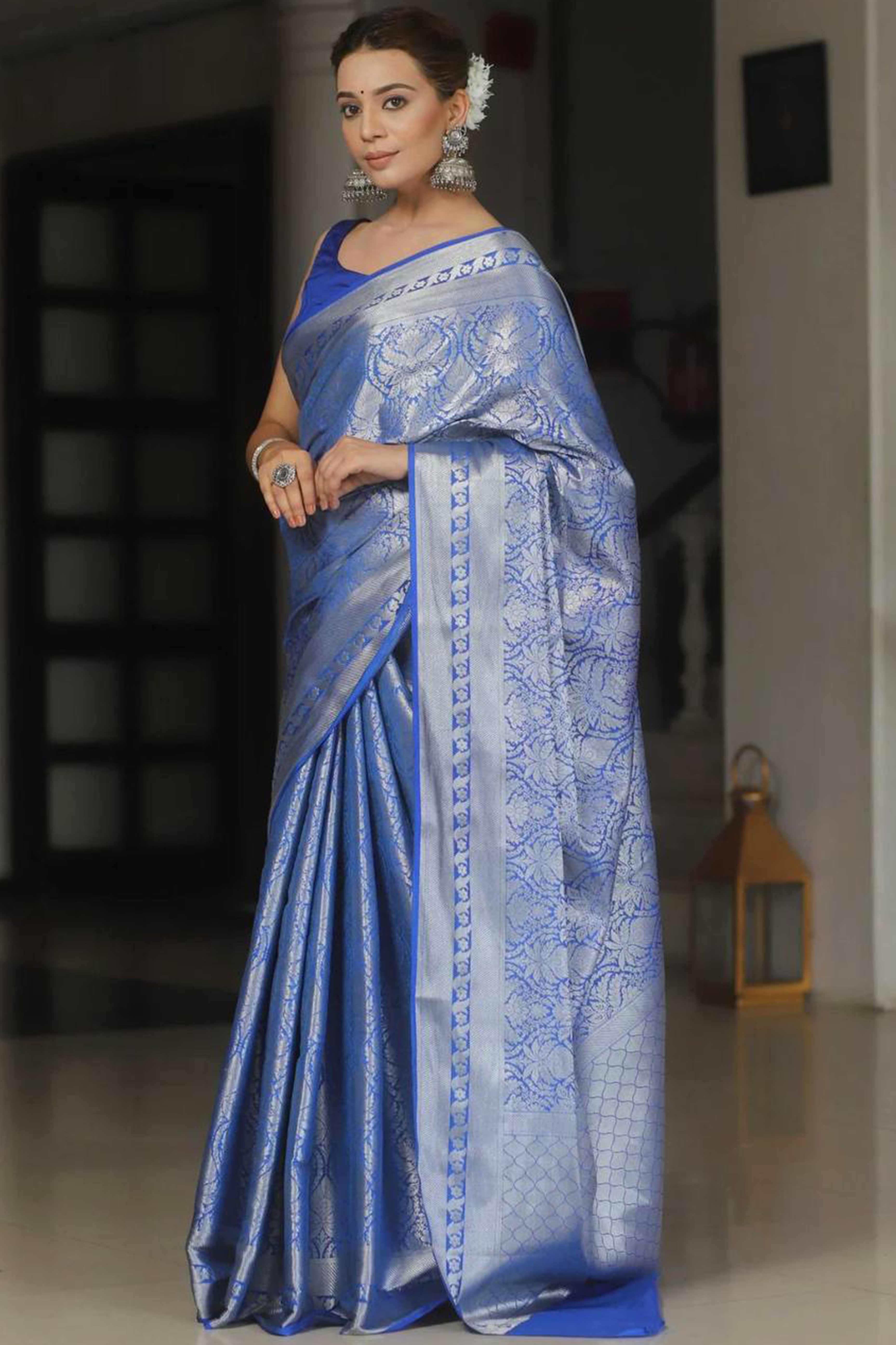Royal Blue Floral Woven Lichi Banarasi Silk Saree