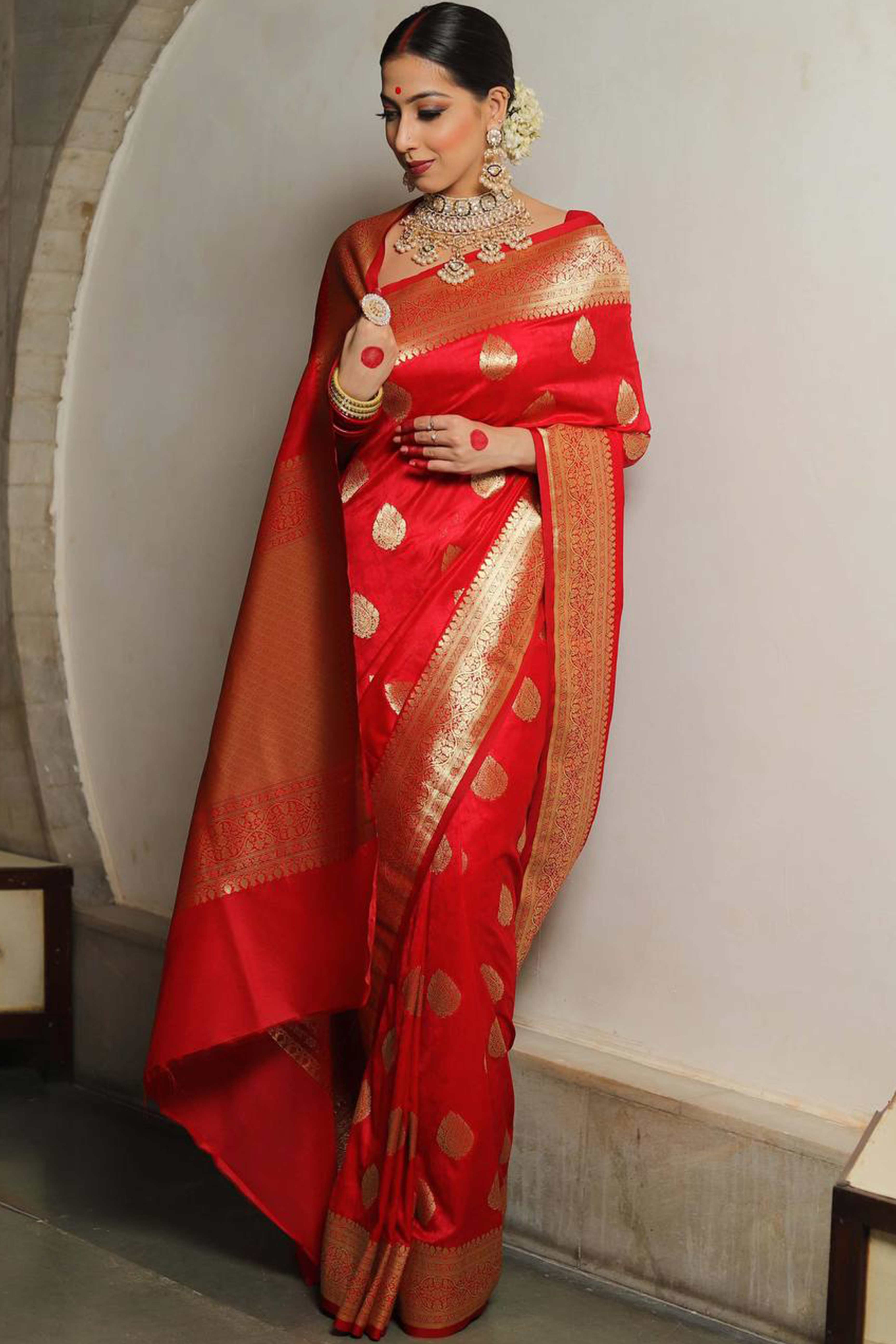 Red Floral Woven Lichi Banarasi Silk Saree