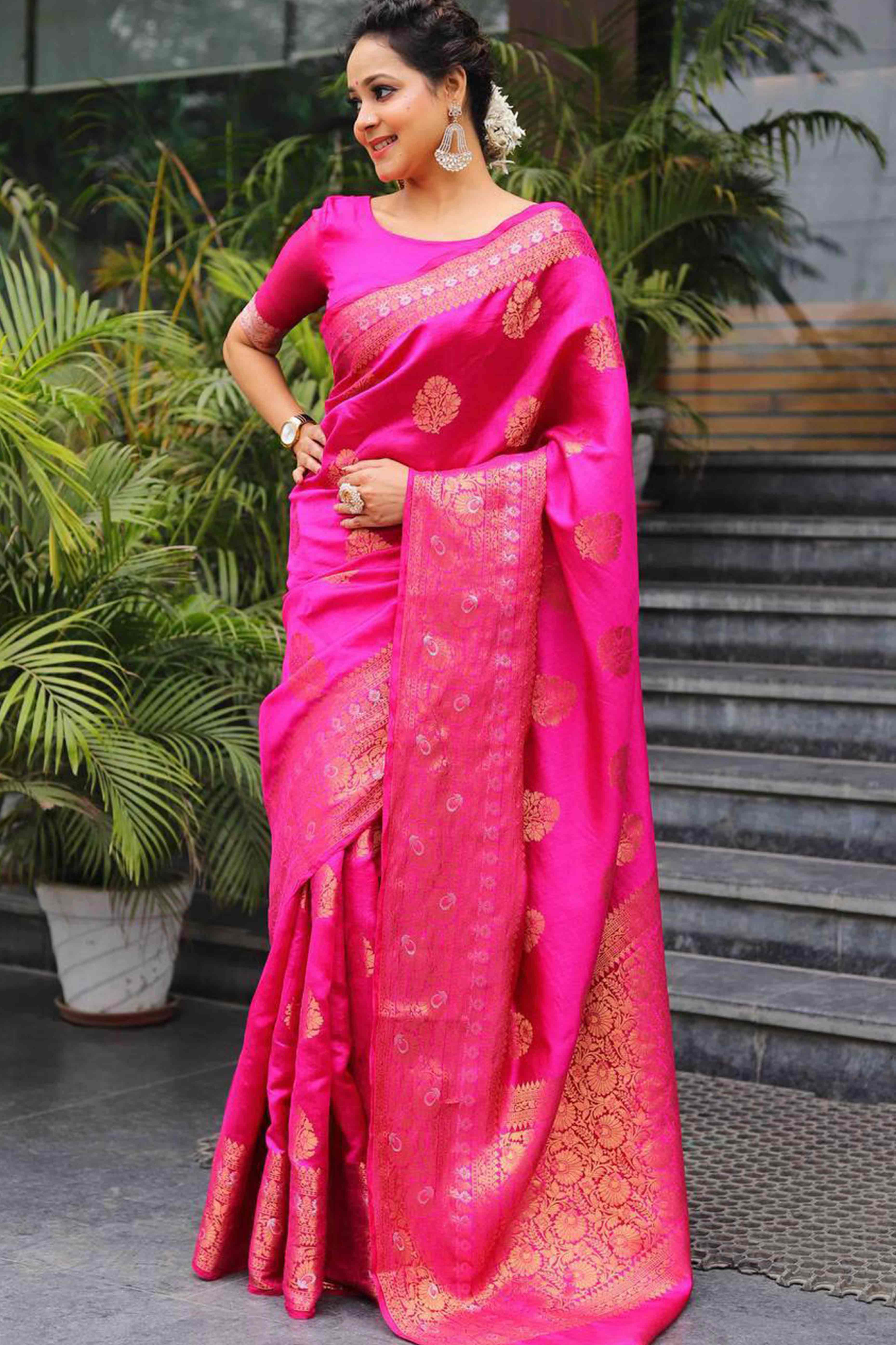 Magenta Floral Woven Banarasi Silk Saree