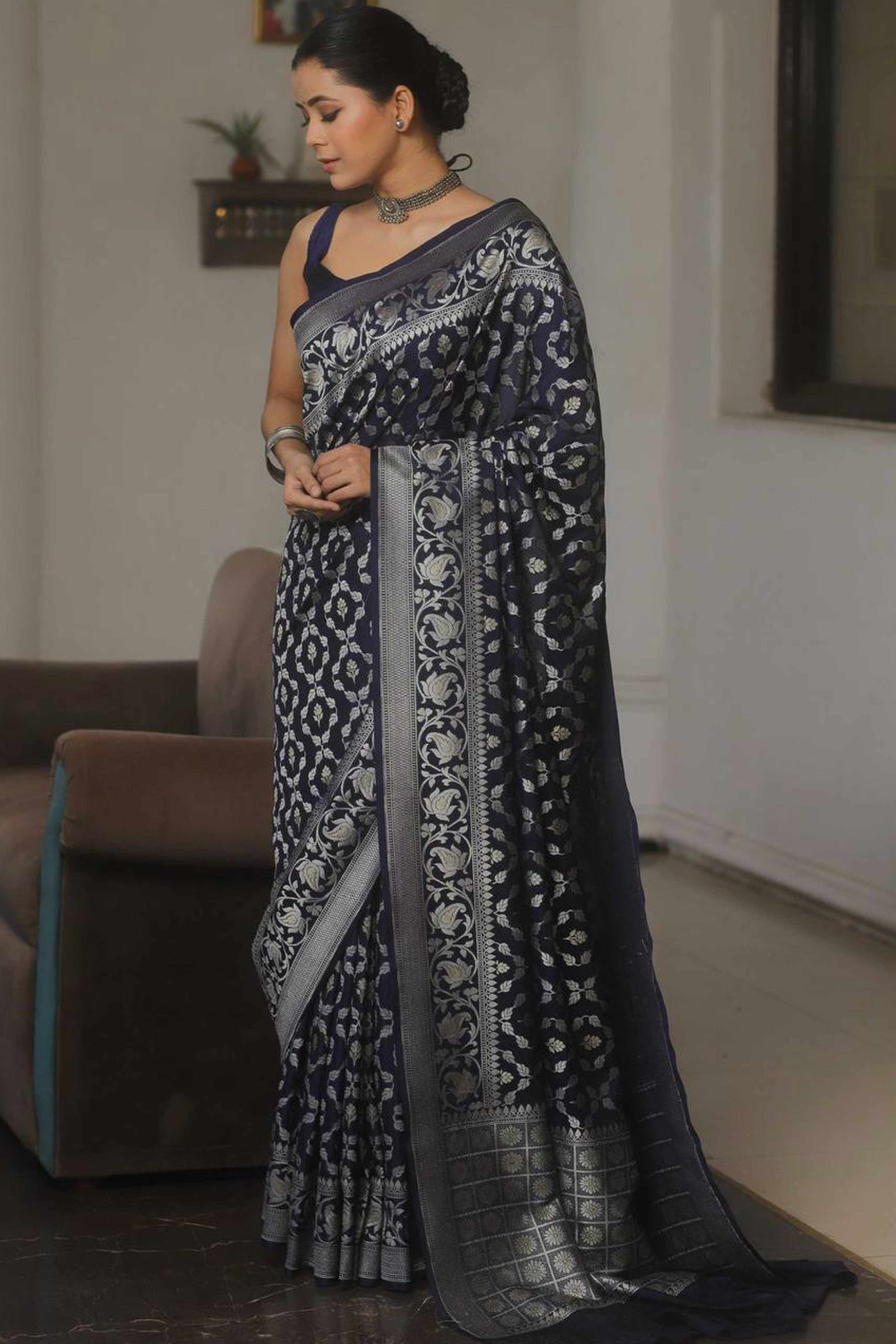 Navy Blue Floral Woven Banarasi Silk Saree