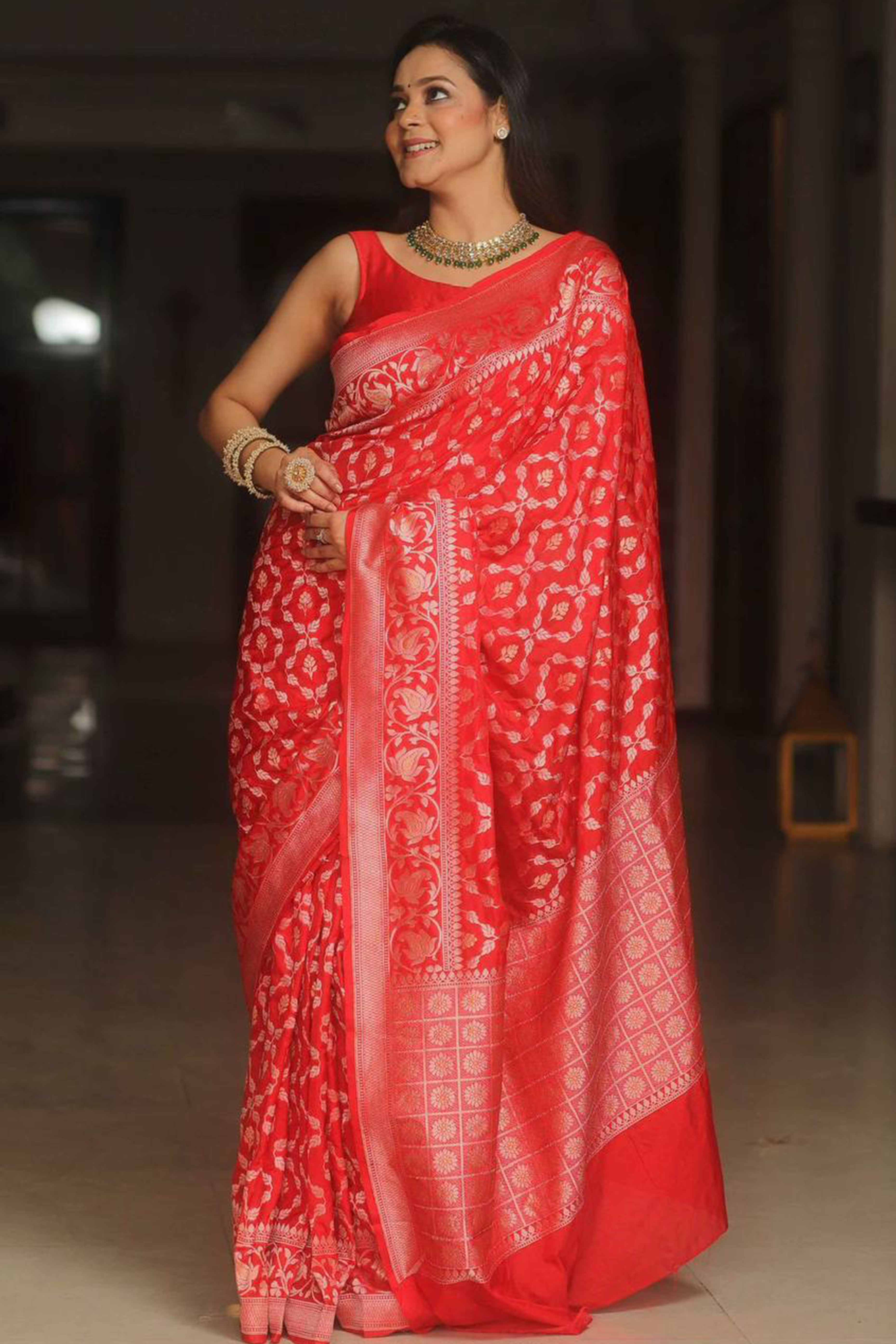 Red Floral Woven Banarasi Silk Saree