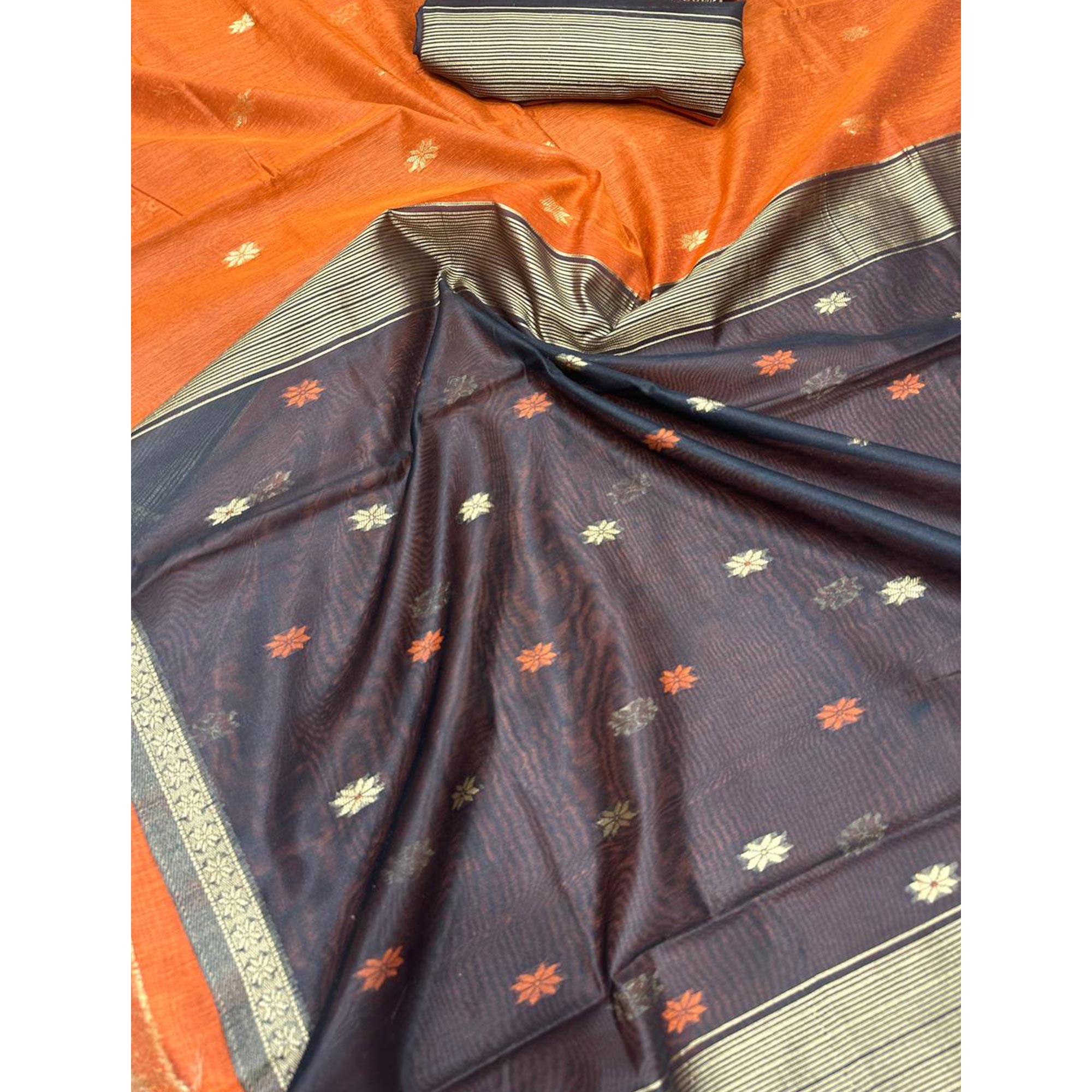 Burnt Orange Linen Cotton Saree with Zari Butti Embellishment