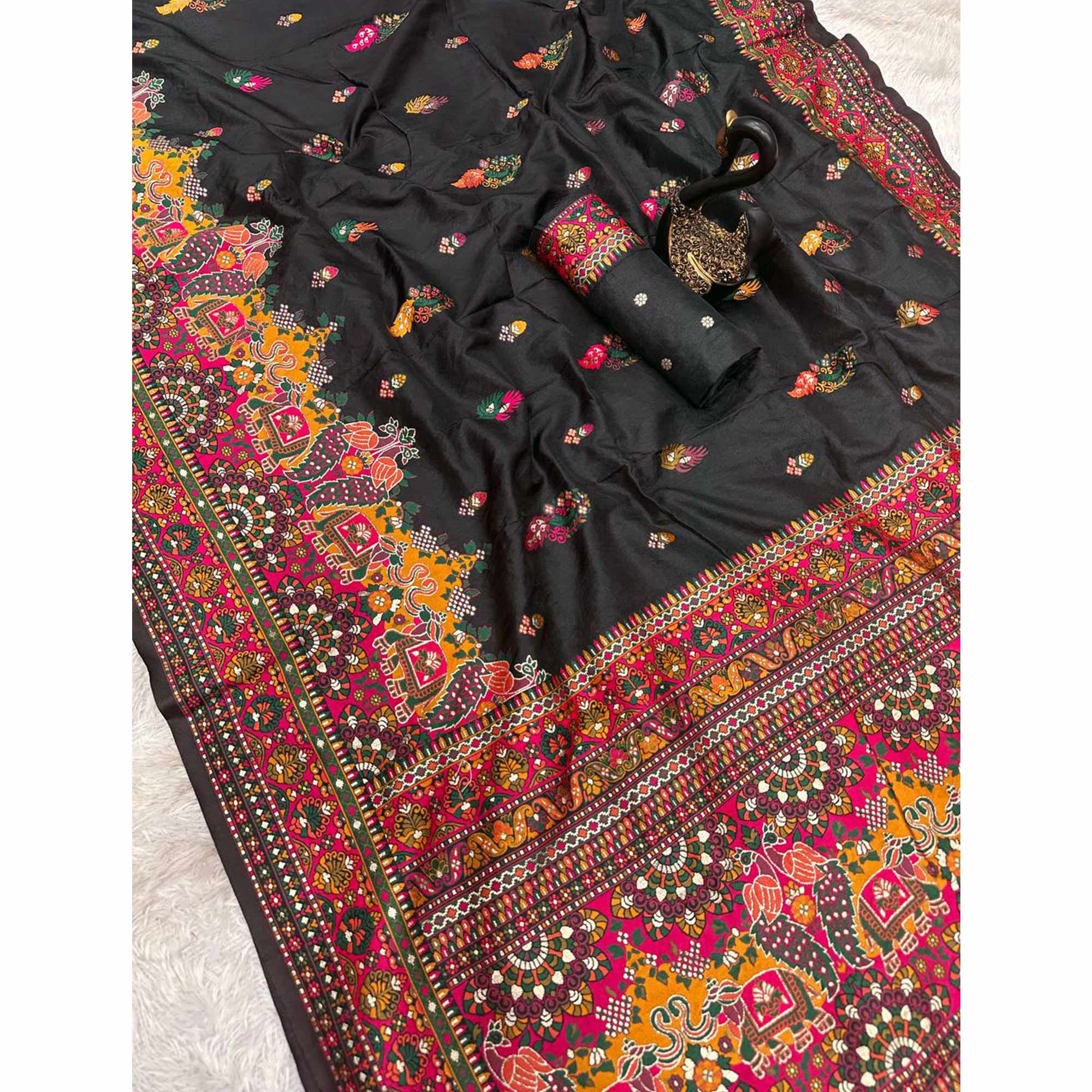 Black Pashmina Silk Weaving Saree Designed in Classic Rajwadi Style for Festive Wear