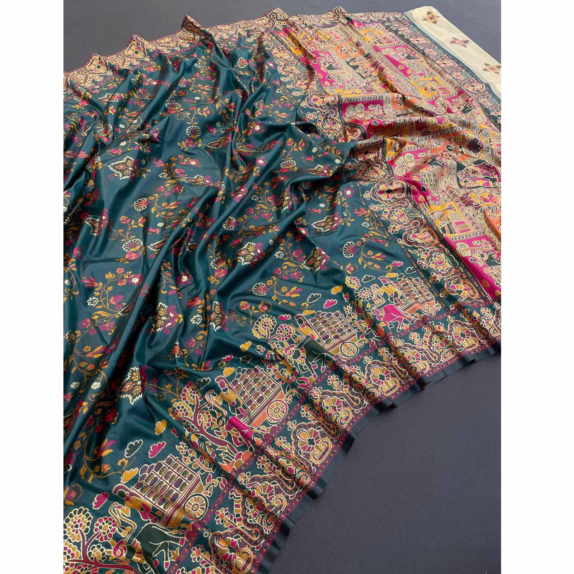 Royal Morpich Green Pashmina Silk Saree with Rajwadi Zari Weaving