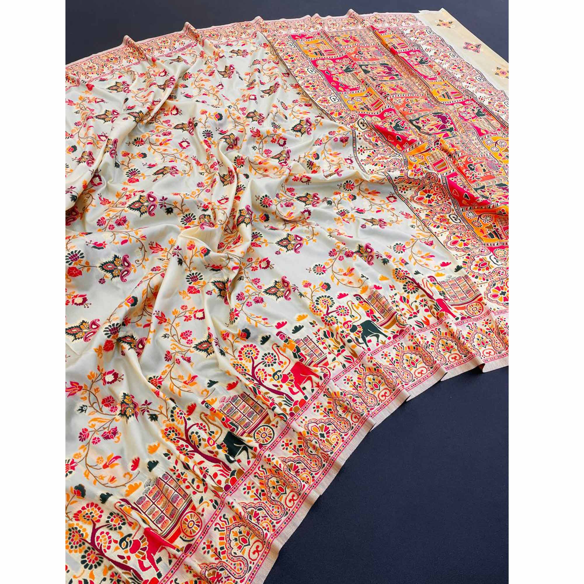 Royal Off White Pashmina Silk Saree with Rajwadi Zari Weaving