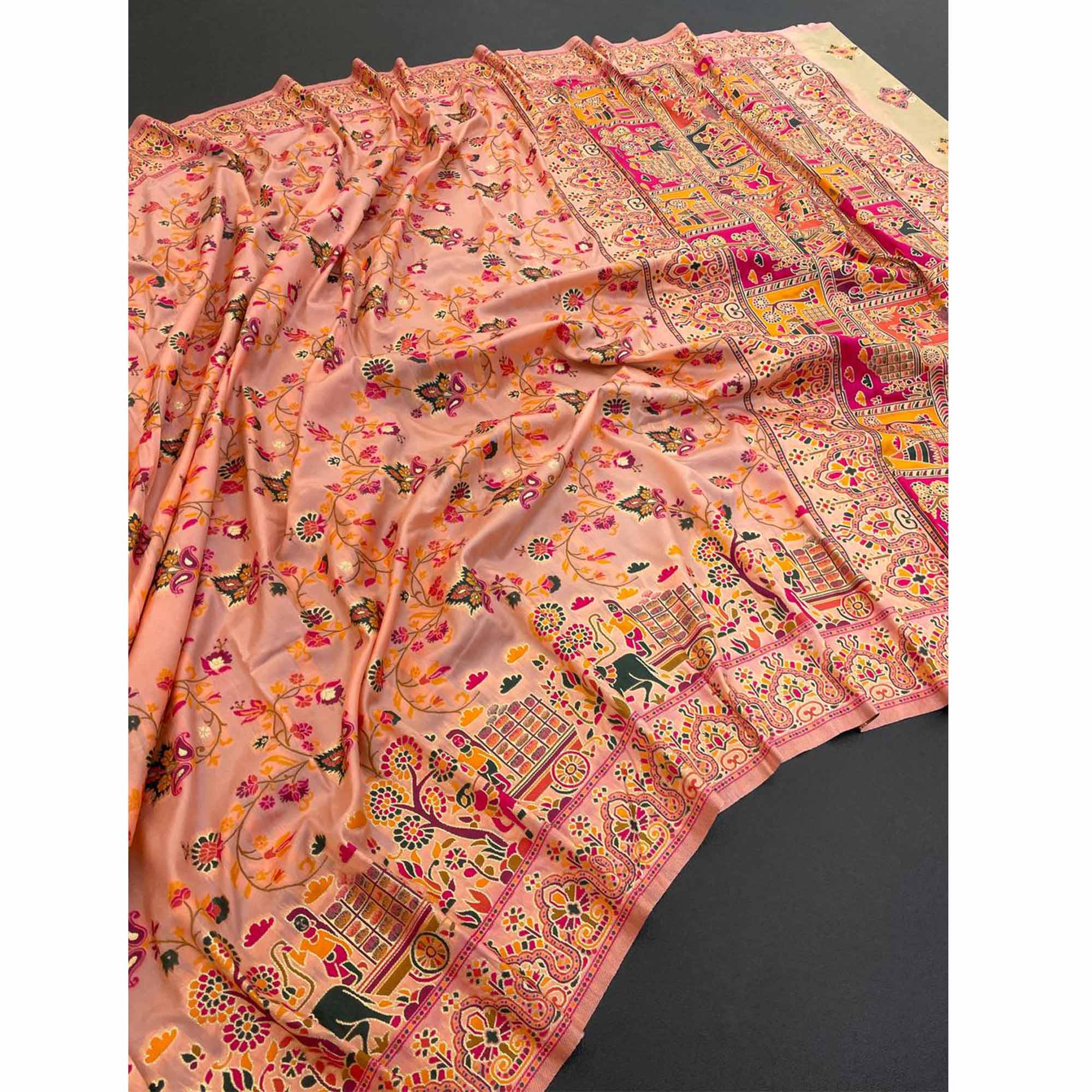 Royal Peach Pashmina Silk Saree with Rajwadi Zari Weaving