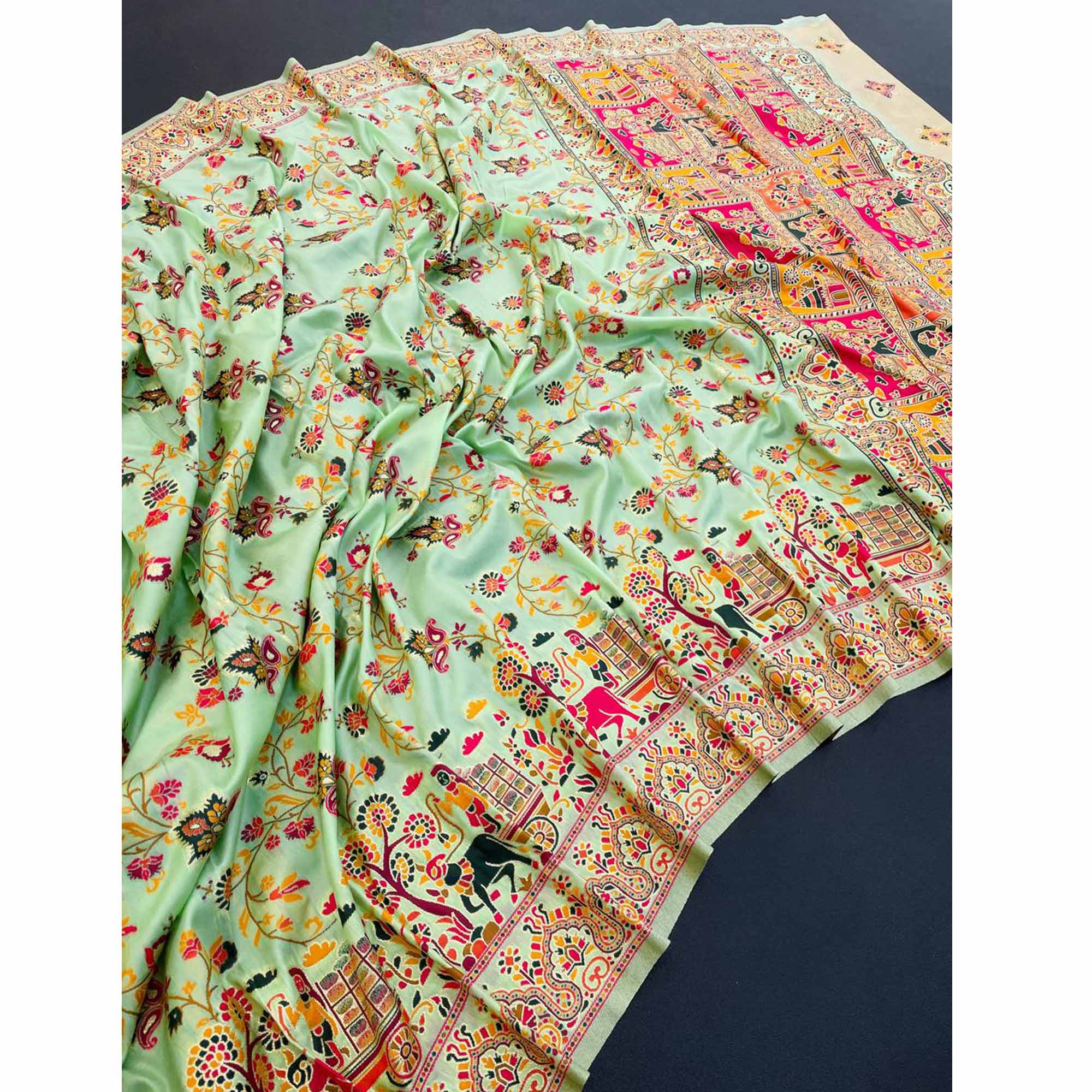 Royal Pista Green Pashmina Silk Saree with Rajwadi Zari Weaving