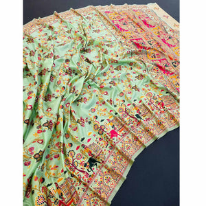 Royal Pista Green Pashmina Silk Saree with Rajwadi Zari Weaving