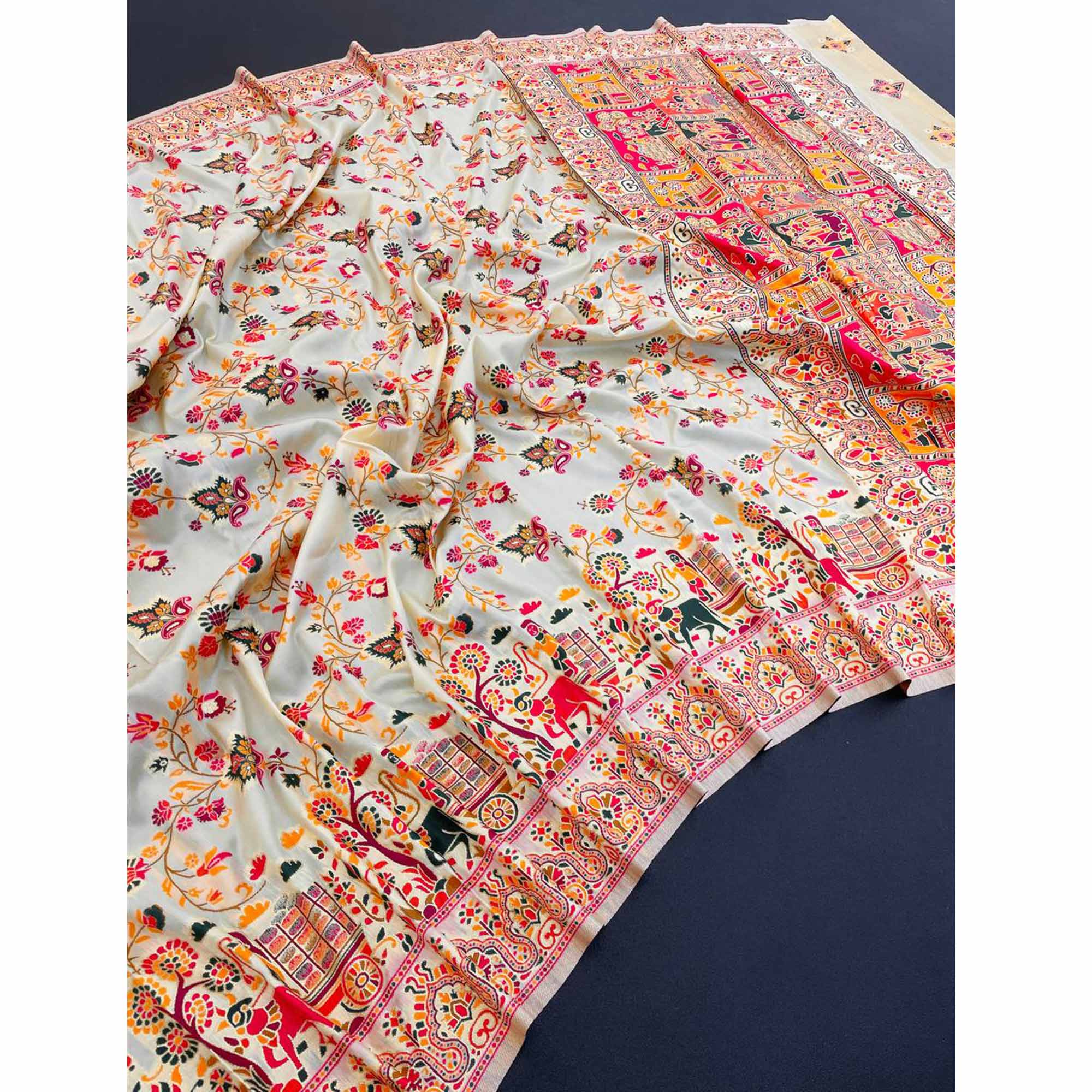 Royal White Pashmina Silk Saree with Rajwadi Zari Weaving