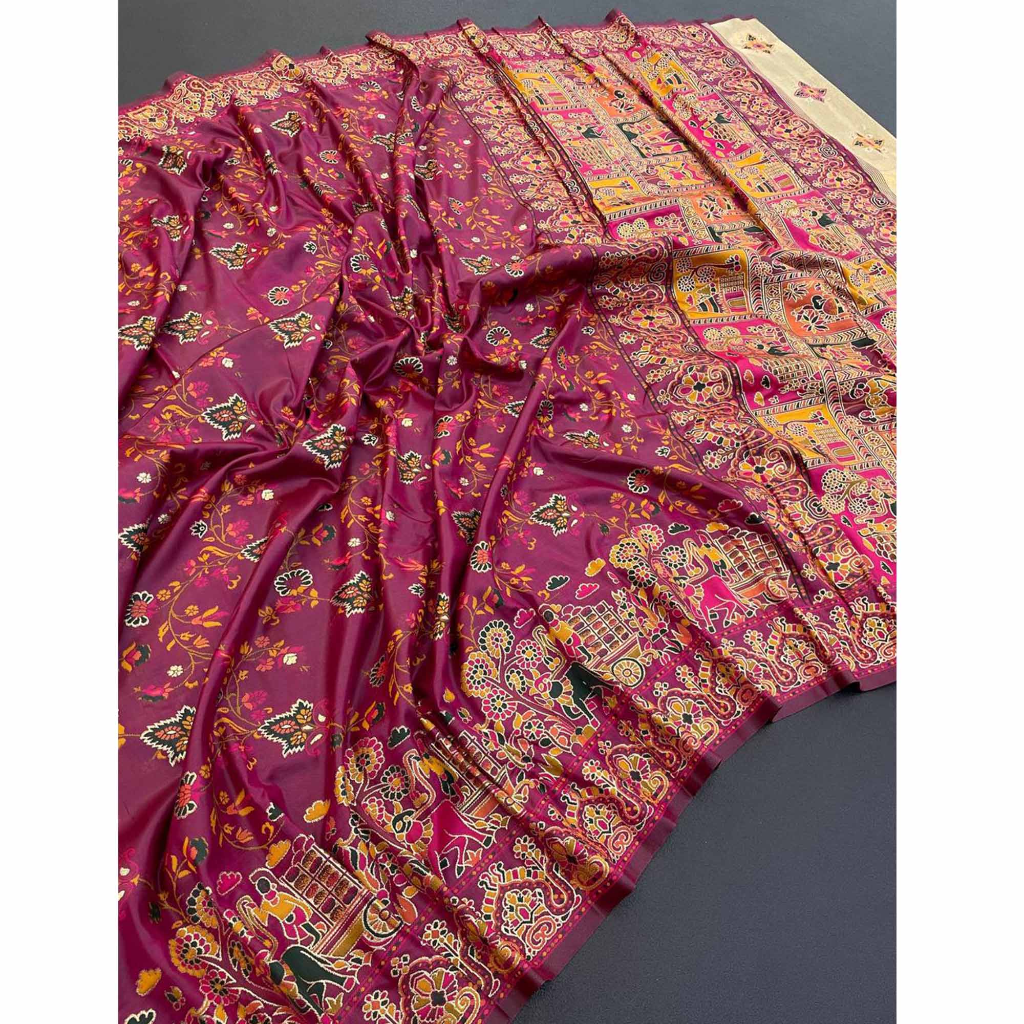 Royal Wine Pashmina Silk Saree with Rajwadi Zari Weaving