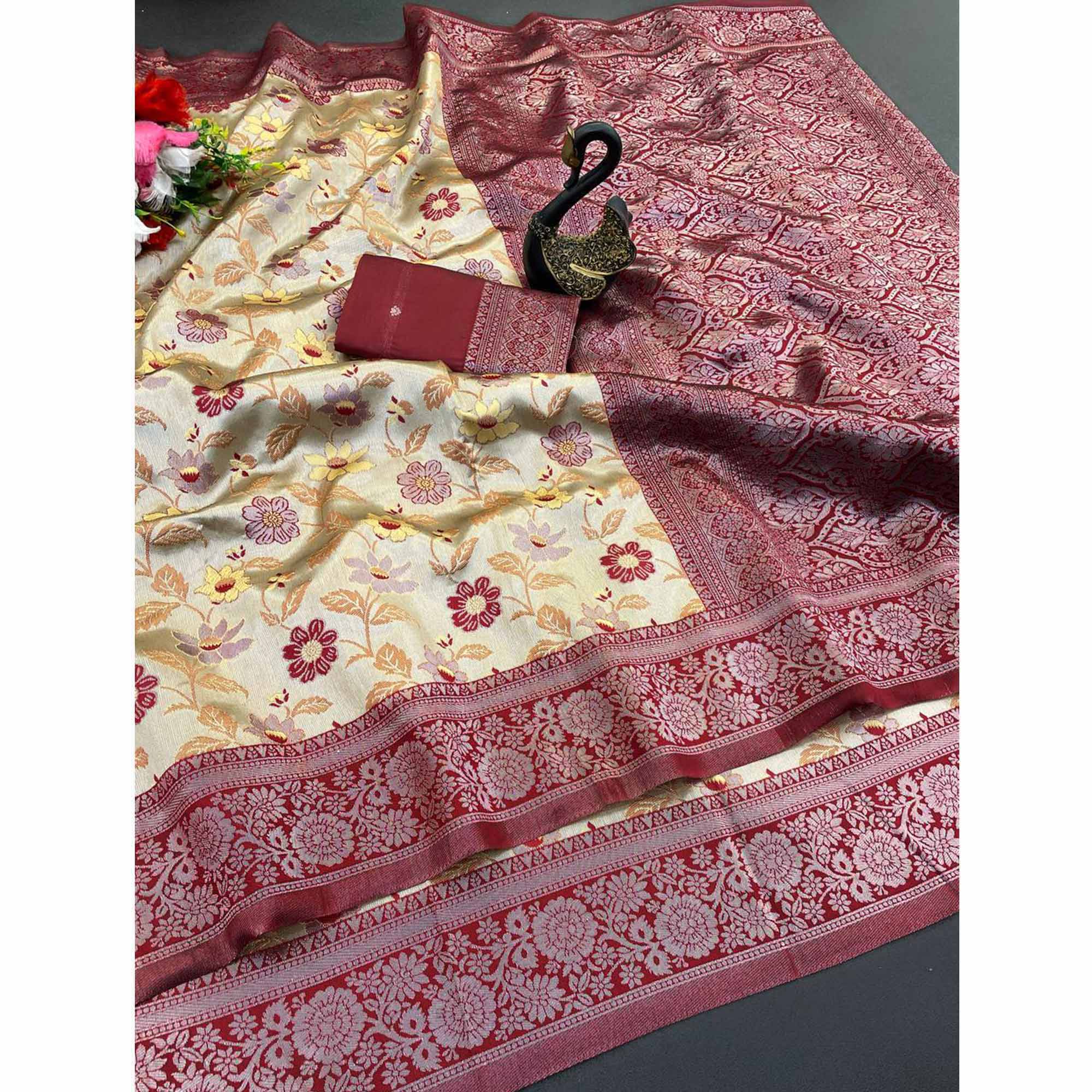 Beige & Red Designer Tissue Saree with Zari Weaving