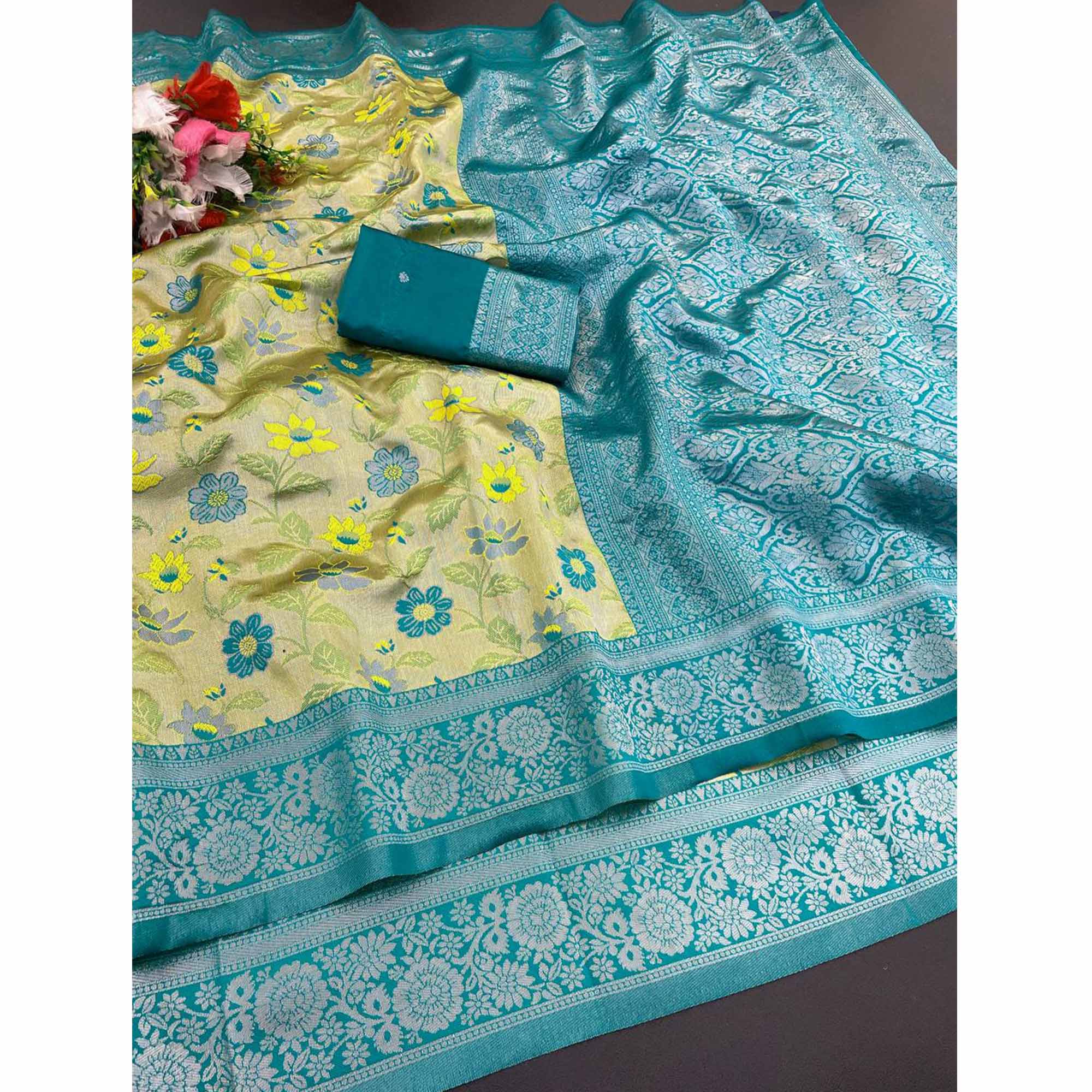 Light Green & Yellow Designer Tissue Saree with Zari Weaving