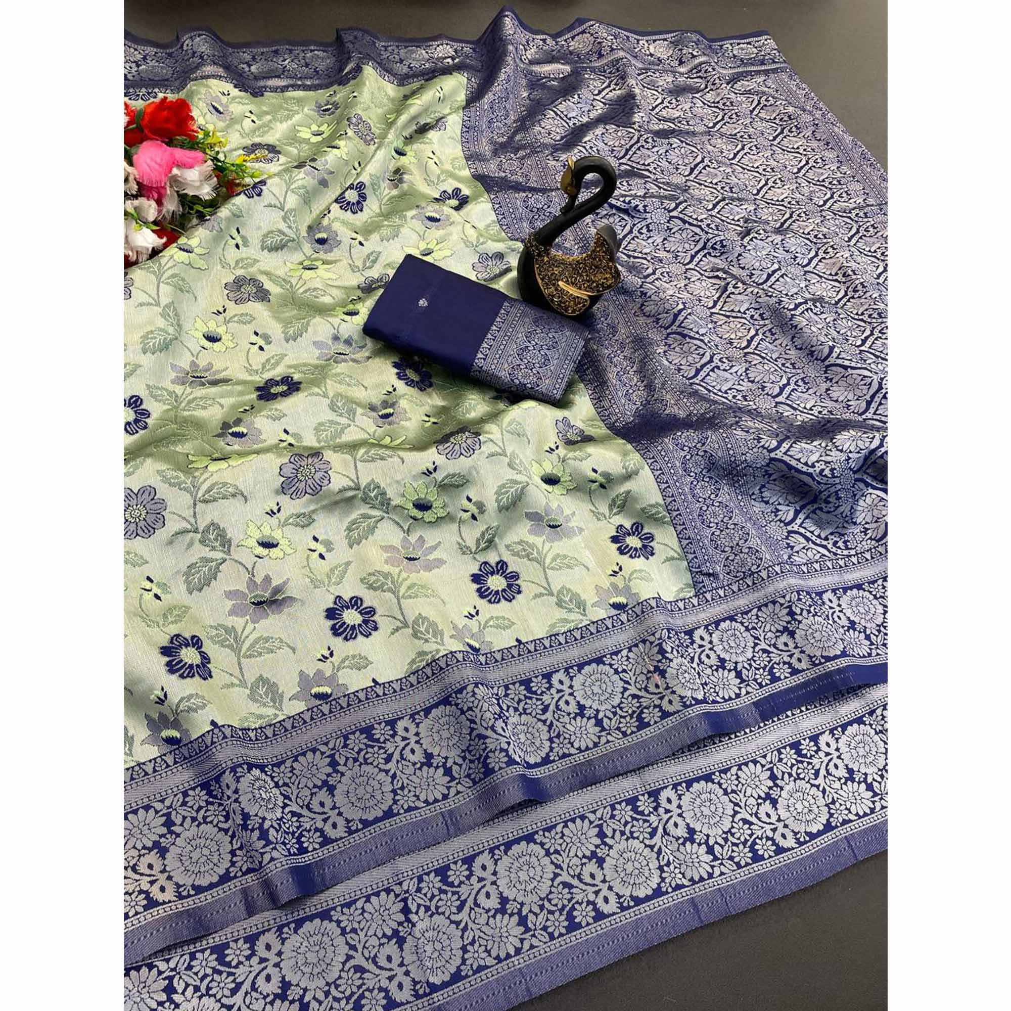 Light Green & Blue Designer Tissue Saree with Zari Weaving