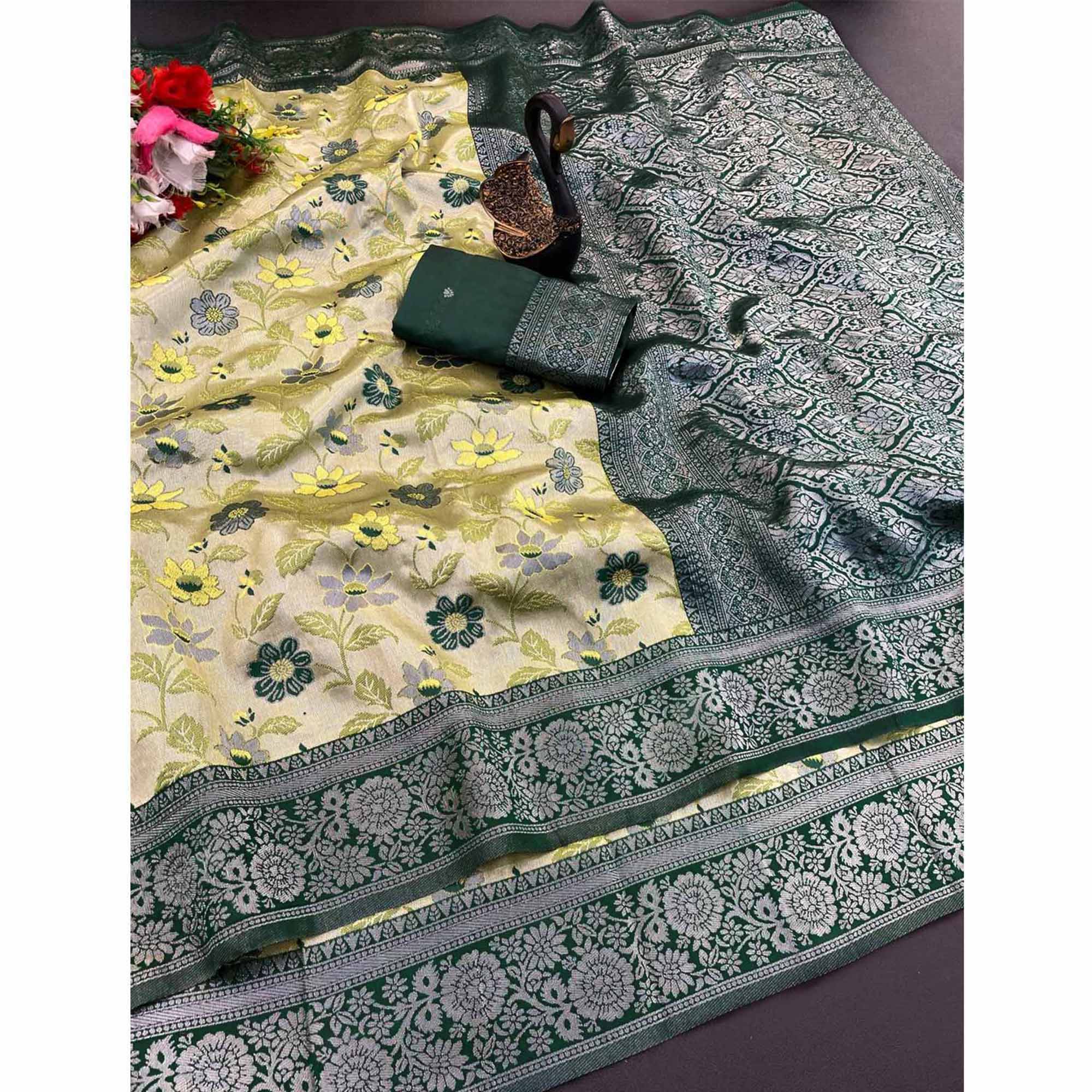 Light Green & Dark Green Designer Tissue Saree with Zari Weaving