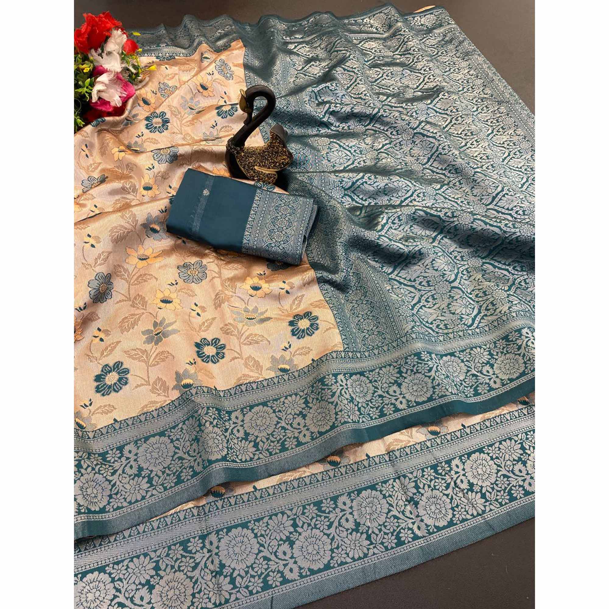 Beige & Teal Designer Tissue Saree with Zari Weaving