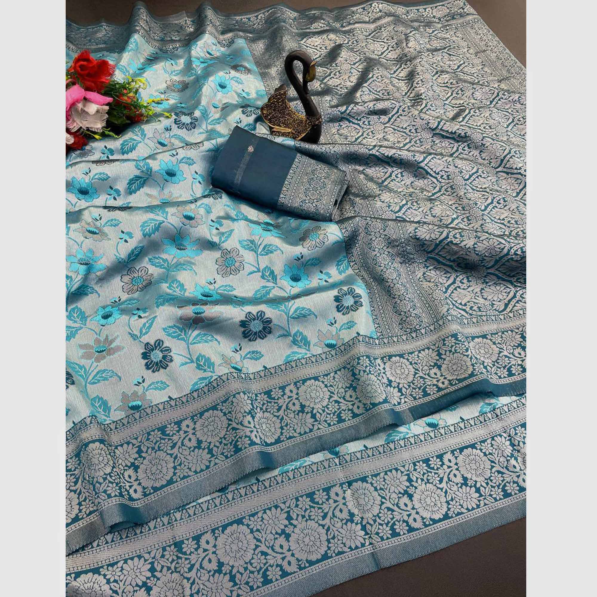 Sky Blue & Teal Designer Tissue Saree with Zari Weaving
