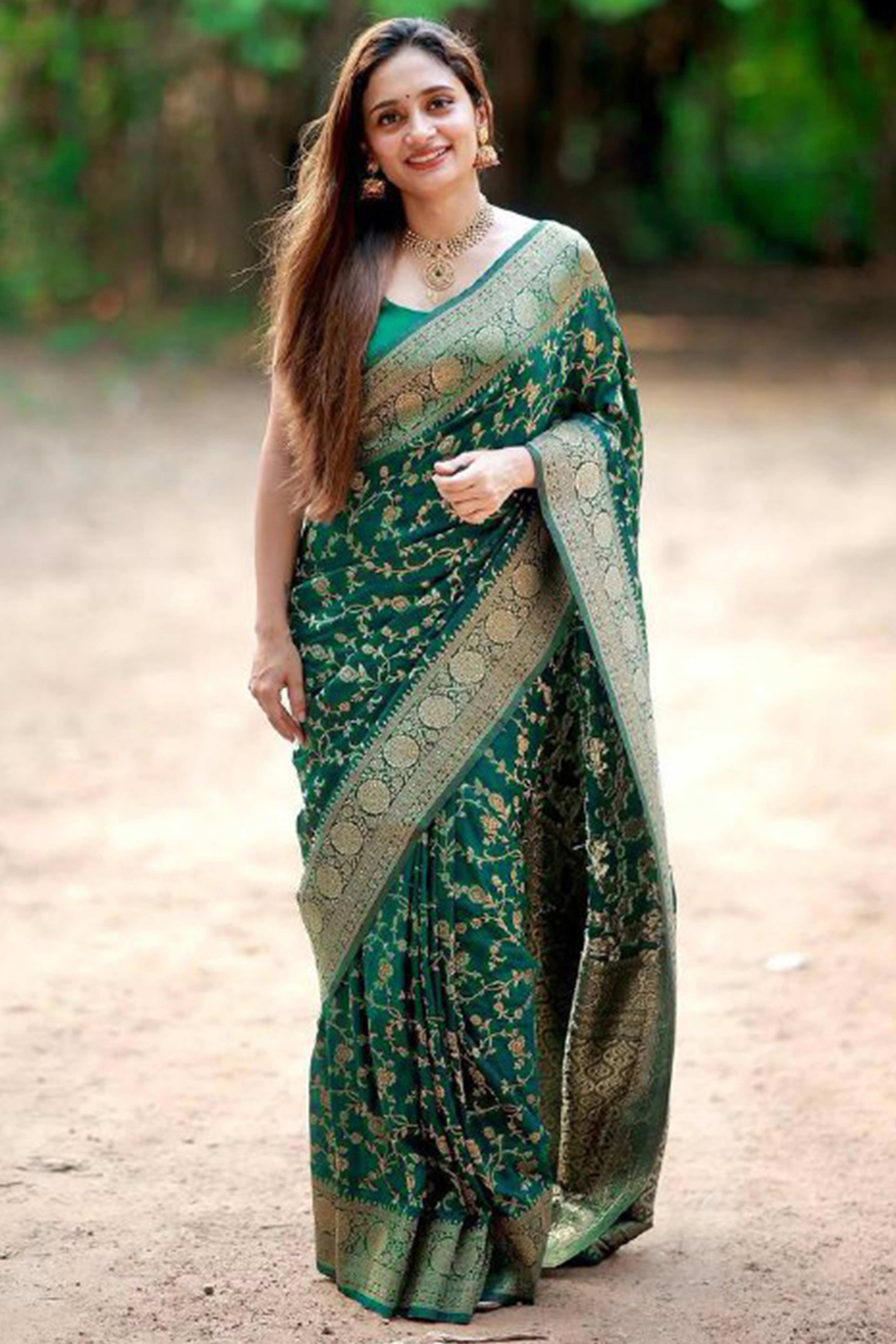 Green Saree in Pure Banarasi Silk with Artistically Woven Floral Zari Accents