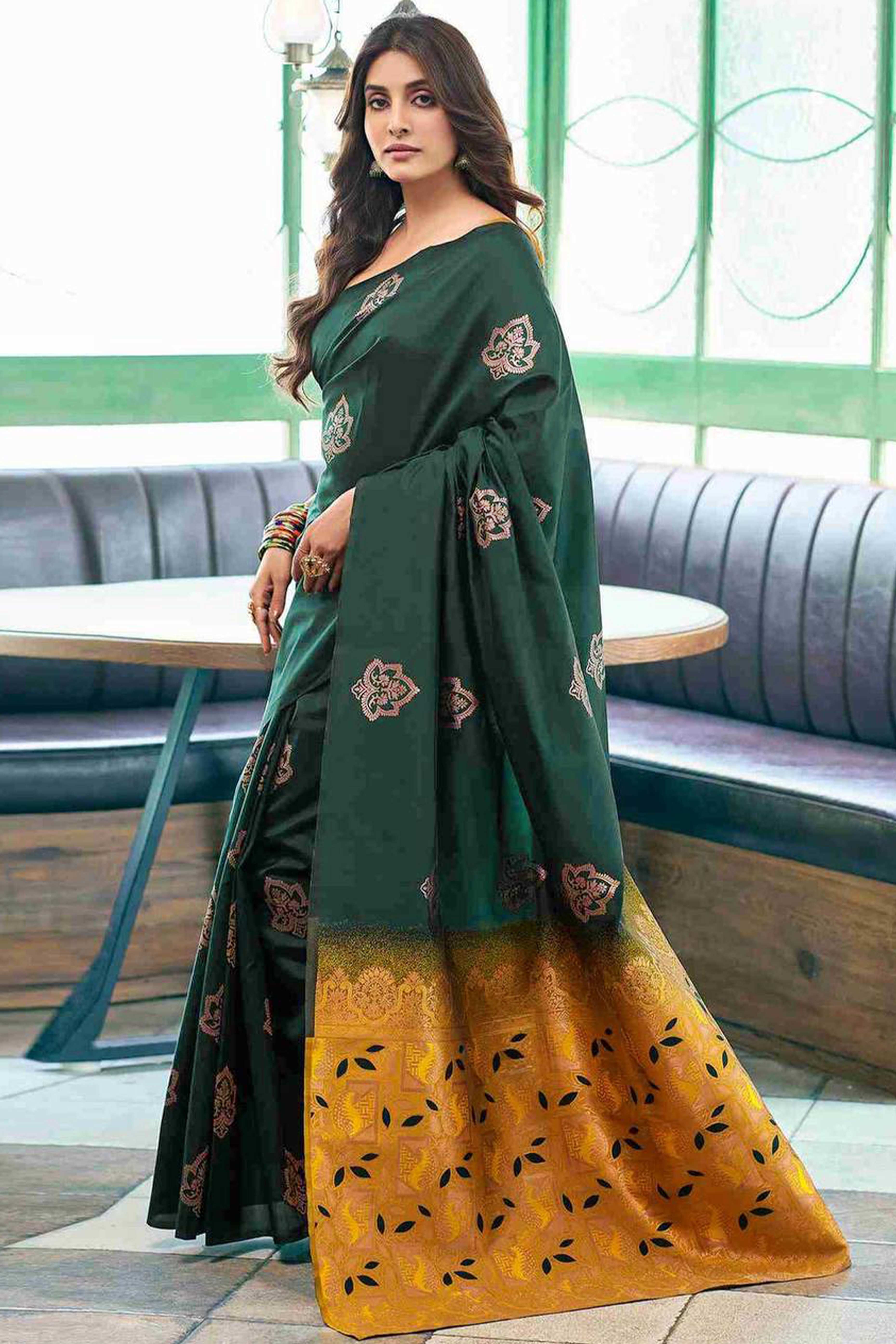 Green Banarasi Silk Saree Adorned with Elegant Floral Zari Weaving