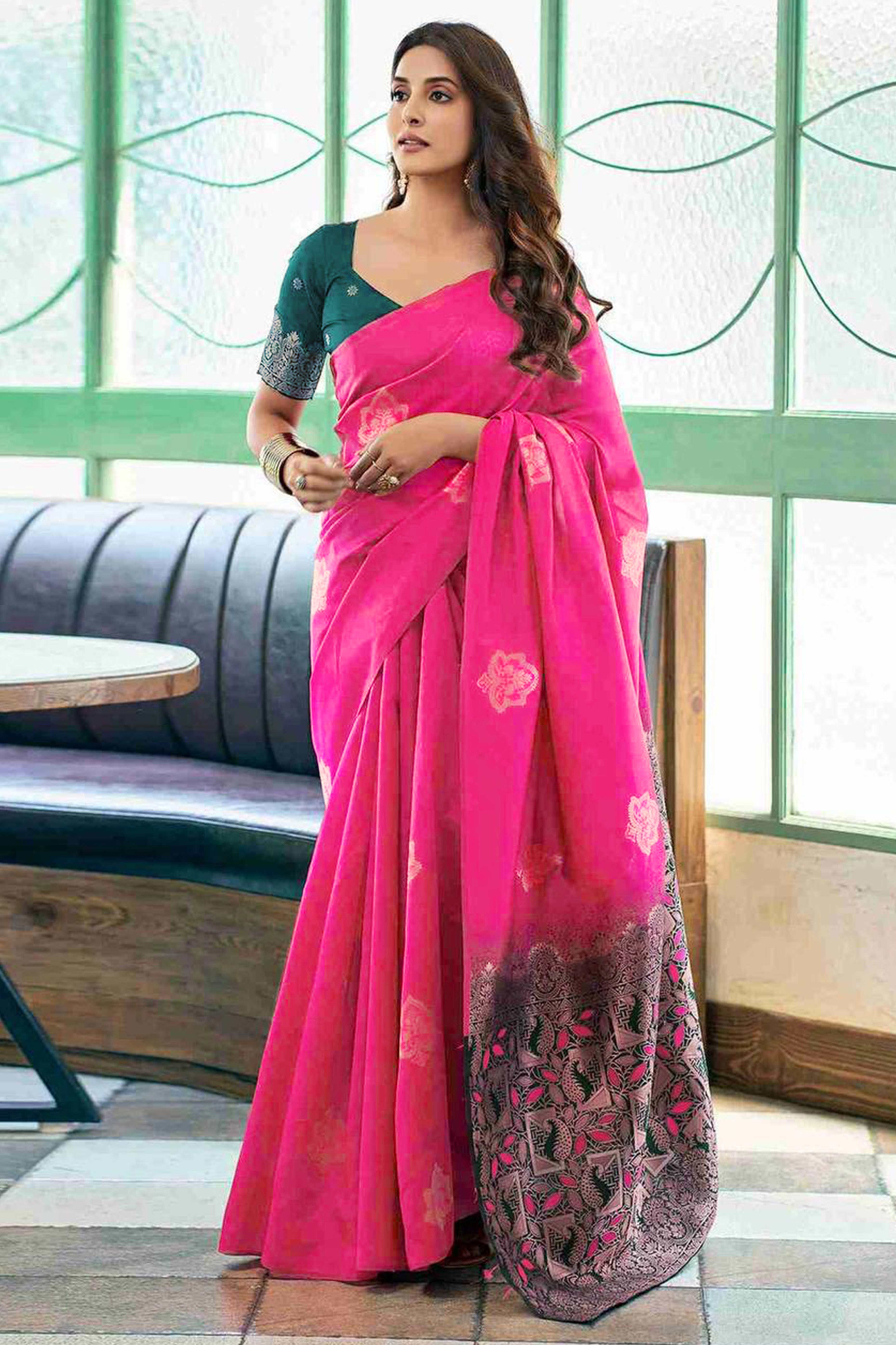 Pink Banarasi Silk Saree Adorned with Elegant Floral Zari Weaving