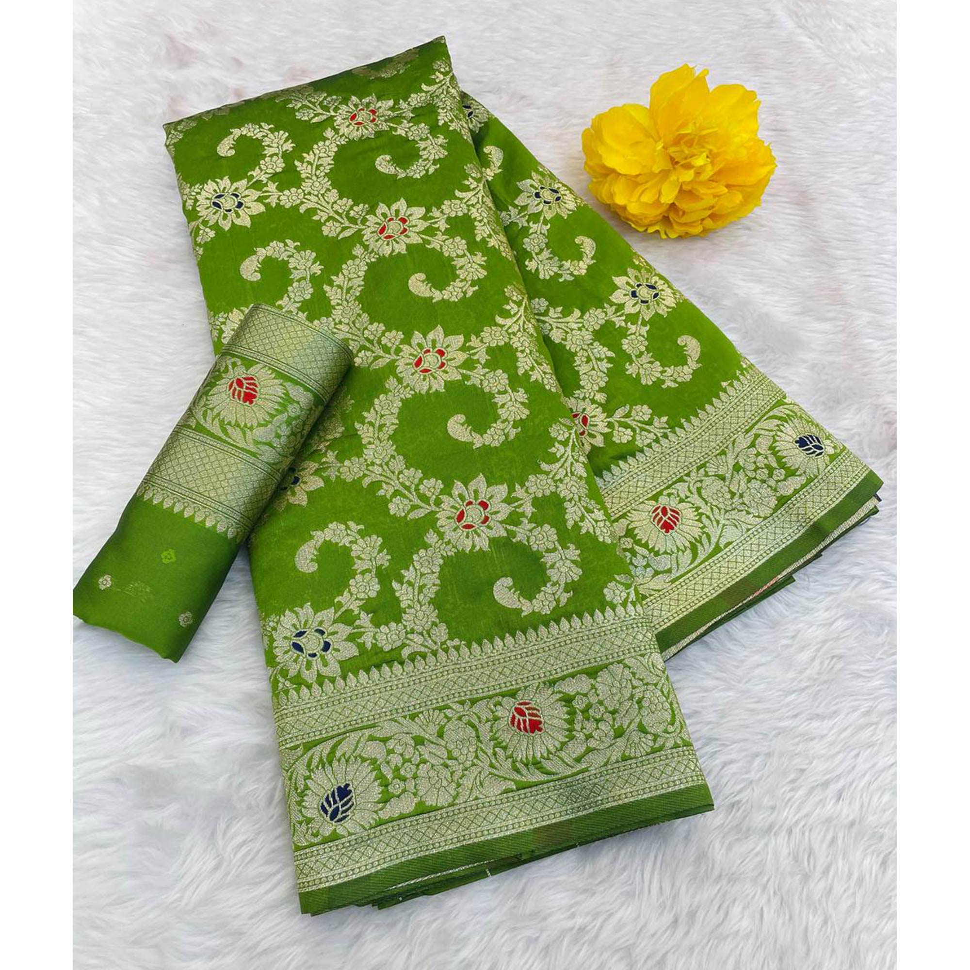 Parrot Green Pure Silk Drape Featuring Traditional Heavy Zari Weaving for a Royal Look