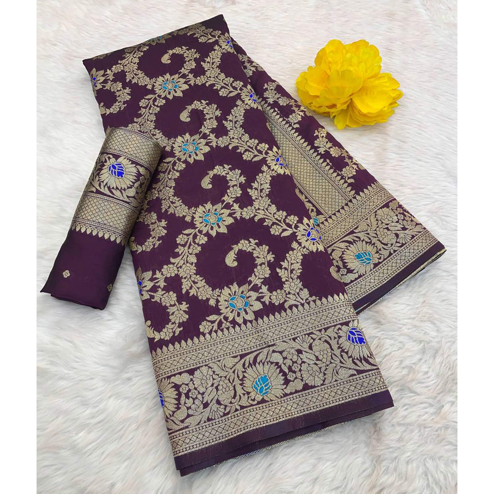 Purple Pure Silk Drape Featuring Traditional Heavy Zari Weaving for a Royal Look