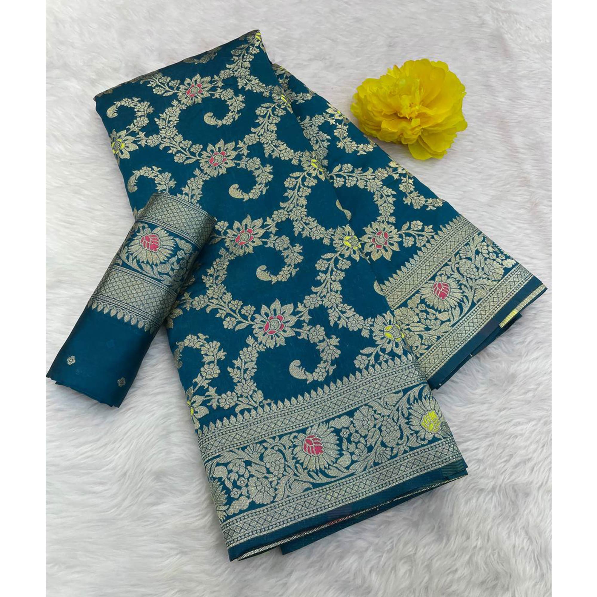 Teal Pure Silk Drape Featuring Traditional Heavy Zari Weaving for a Royal Look