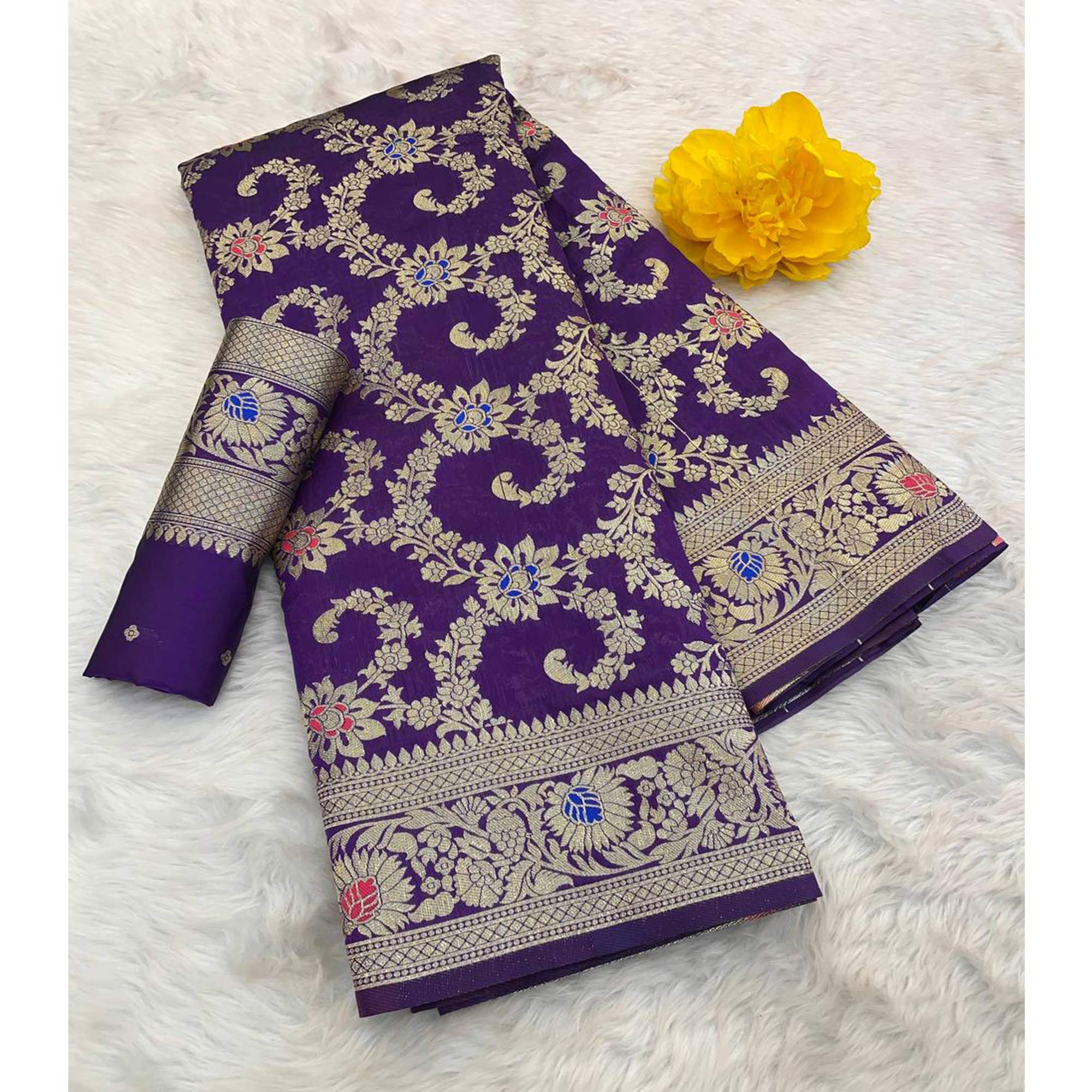 Violet Pure Silk Drape Featuring Traditional Heavy Zari Weaving for a Royal Look