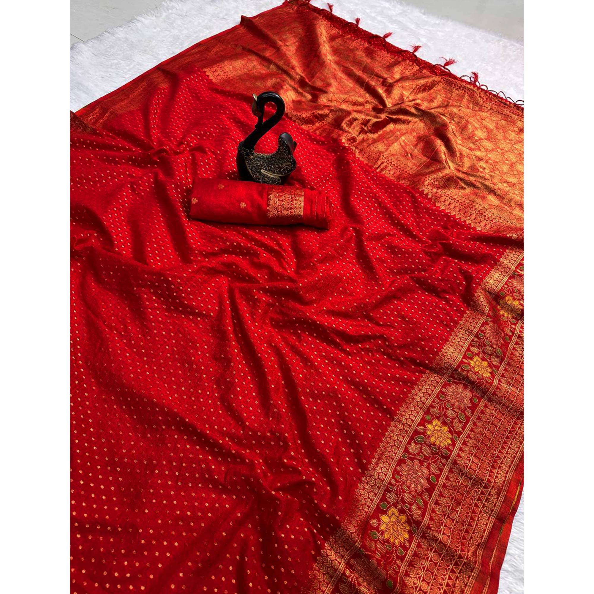 Red Saree in Pure Georgette Featuring Delicate Zari Butti Work