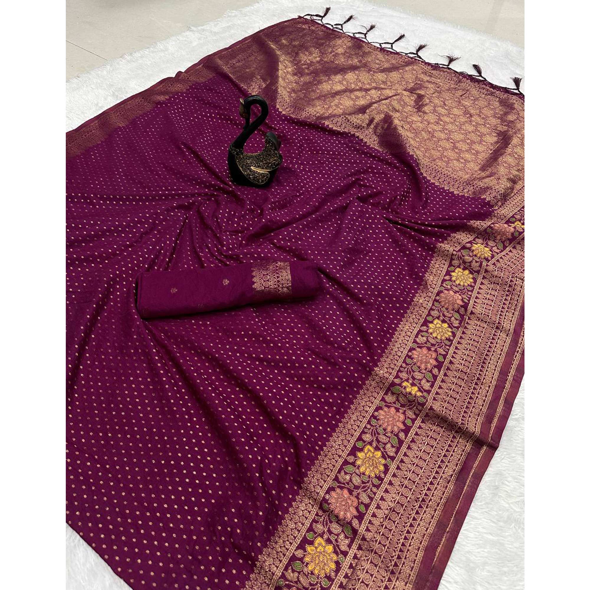 Wine Saree in Pure Georgette Featuring Delicate Zari Butti Work