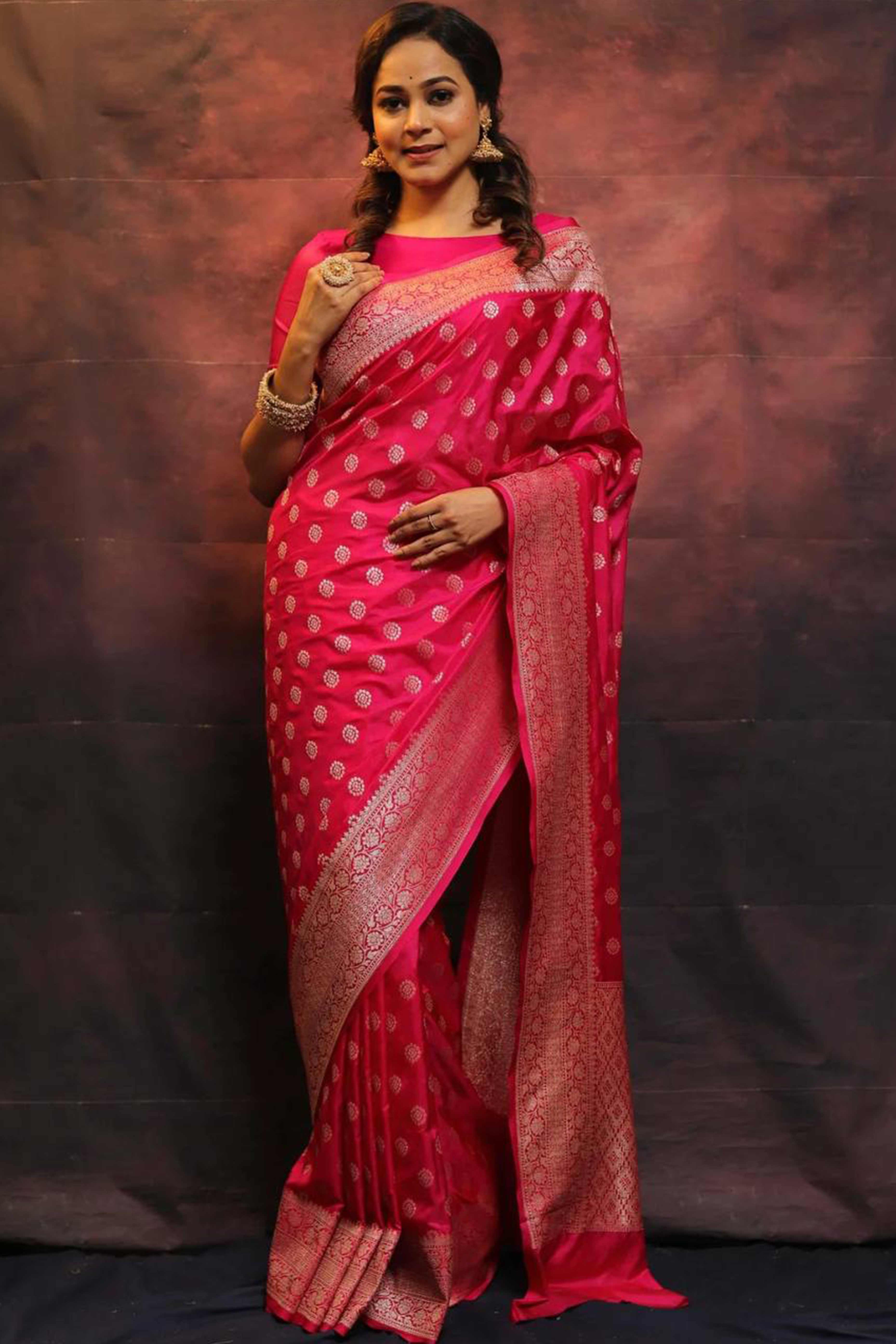 Rich Pink Banarasi Saree in Pure Silk with Traditional Zari Butti Weaving