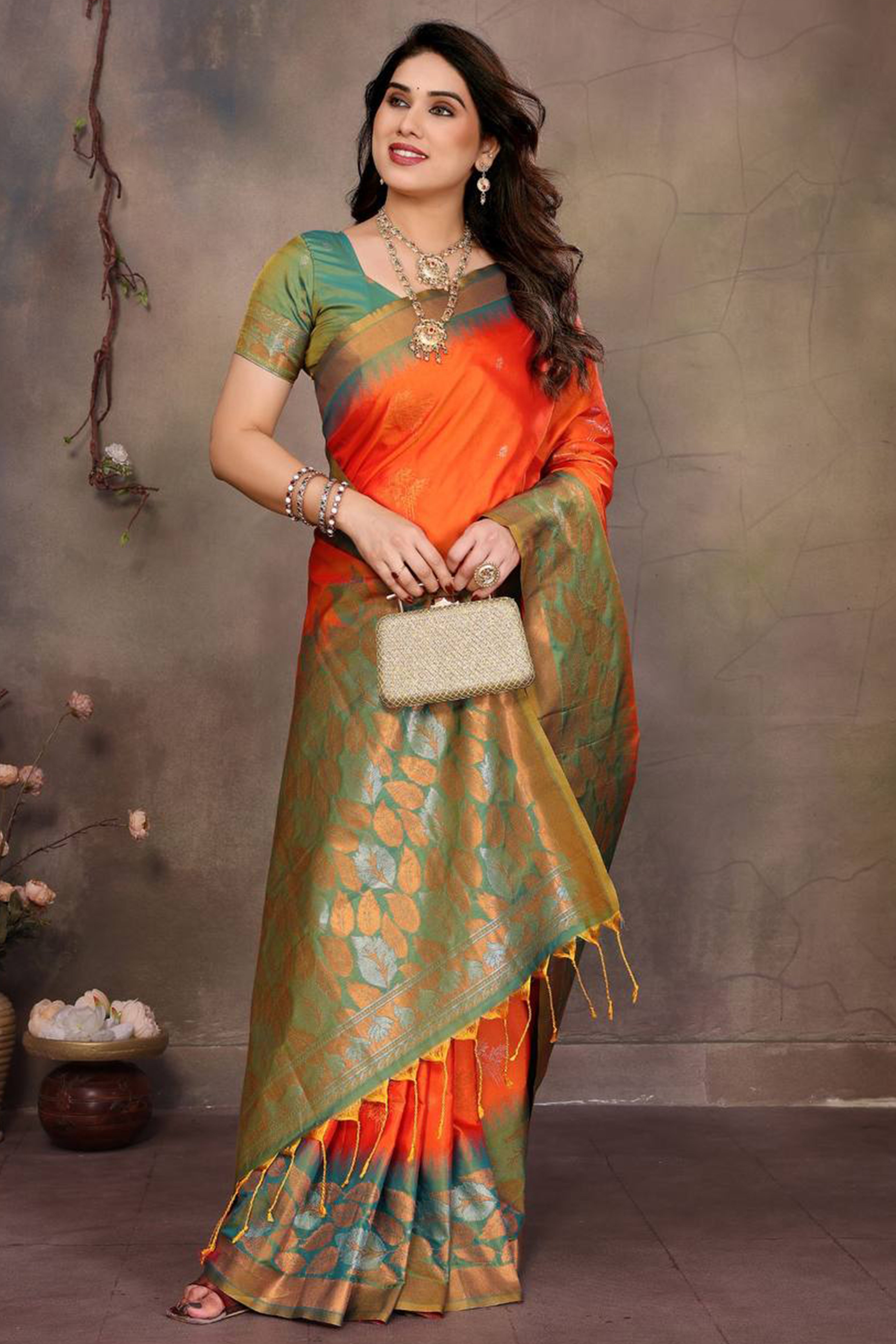 Orange Leaf & Floral Motif Banarasi Silk Saree With Luxurious Zari Weaving Two Tone Weaving