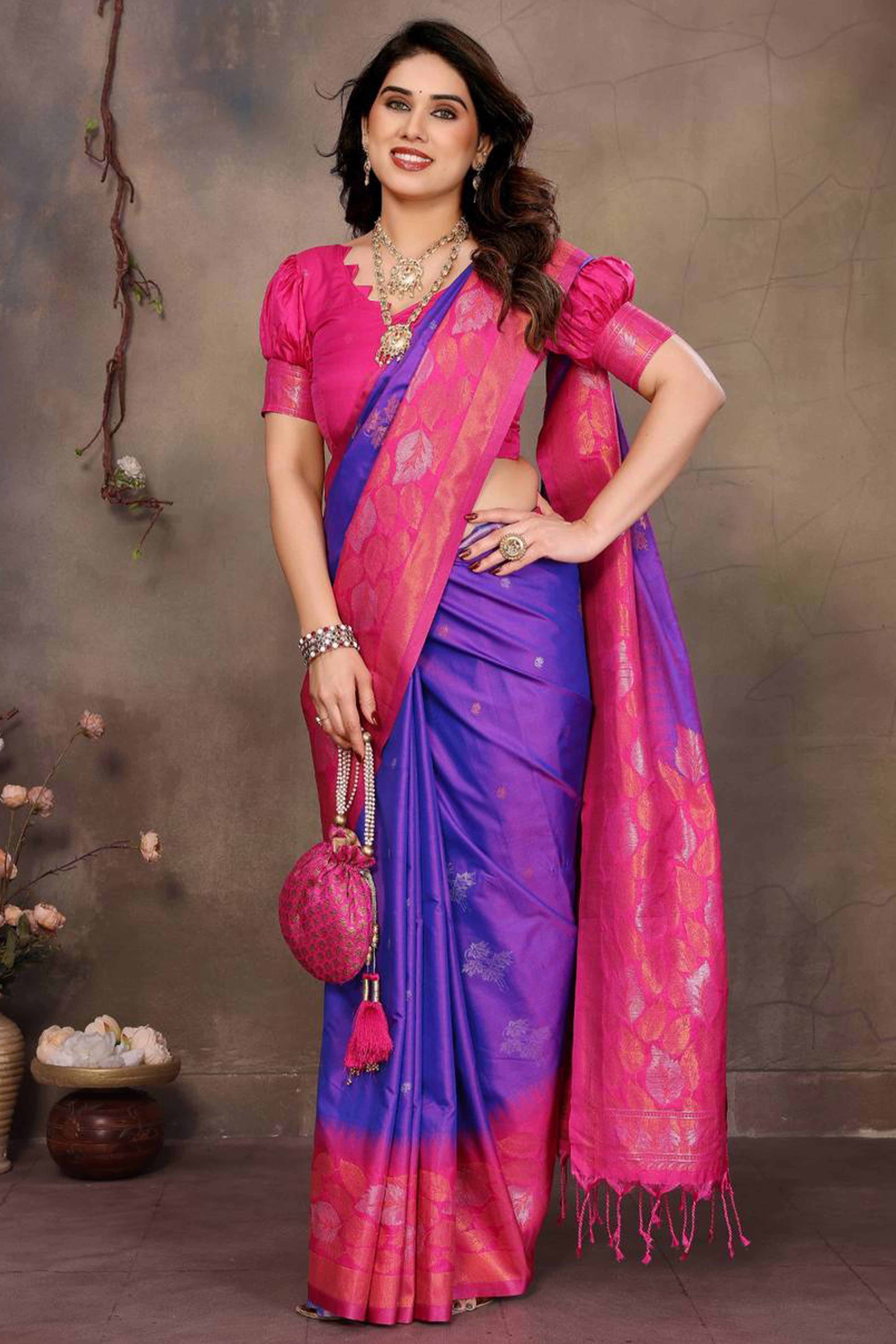 Purple Leaf & Floral Motif Banarasi Silk Saree With Luxurious Zari Weaving Two Tone Weaving