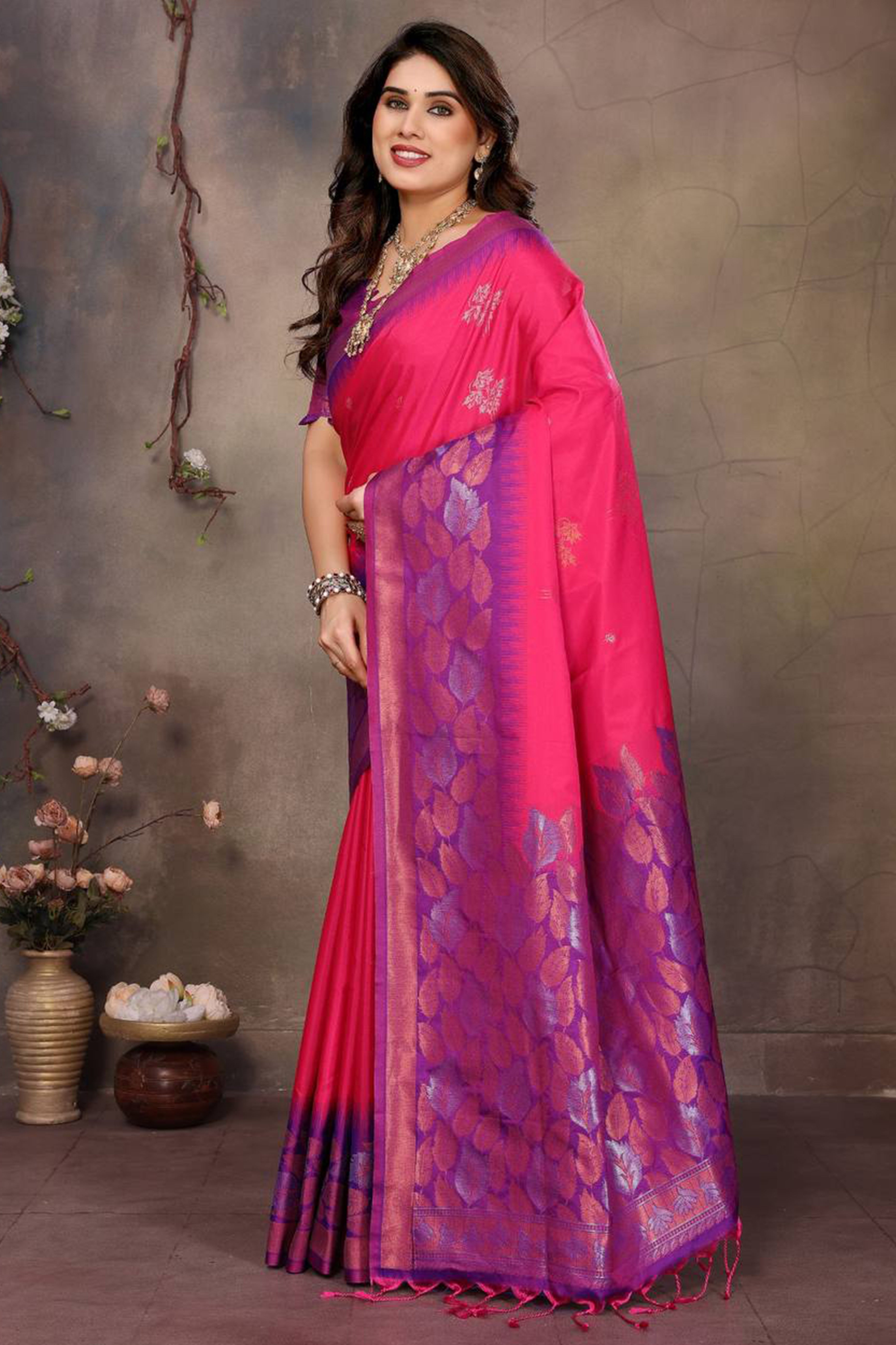Rani Pink Leaf & Floral Motif Banarasi Silk Saree With Luxurious Zari Weaving Two Tone Weaving