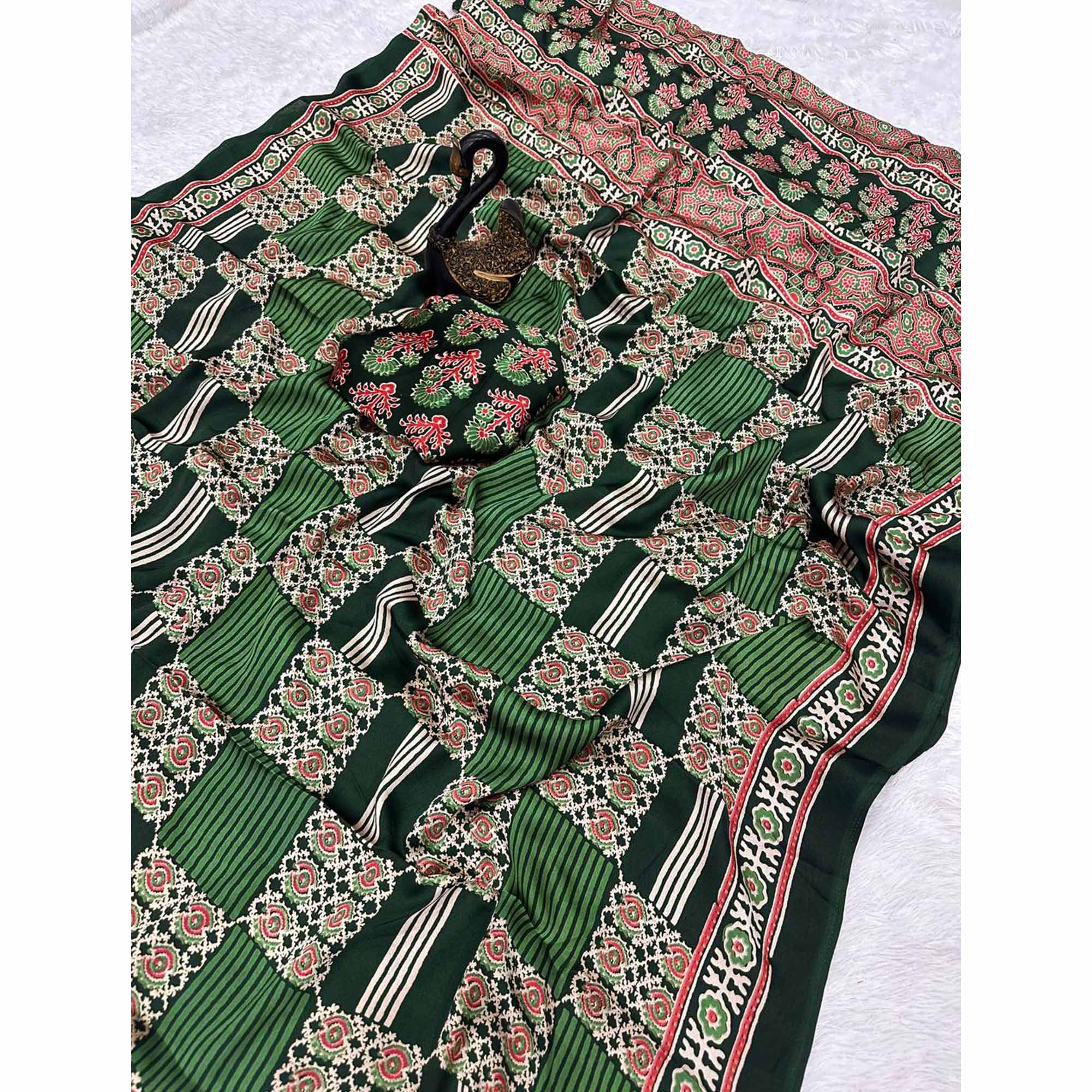 Designer Green Ajrakh Print Pure Silk Saree for Special Occasions