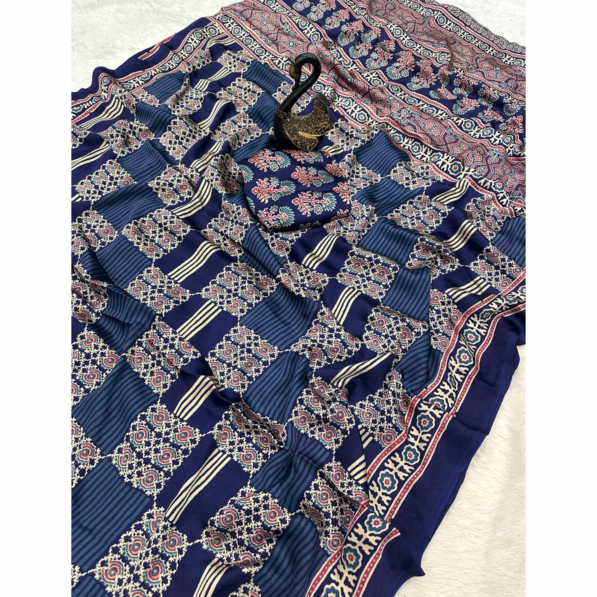 Designer Navy Blue Ajrakh Print Pure Silk Saree for Special Occasions