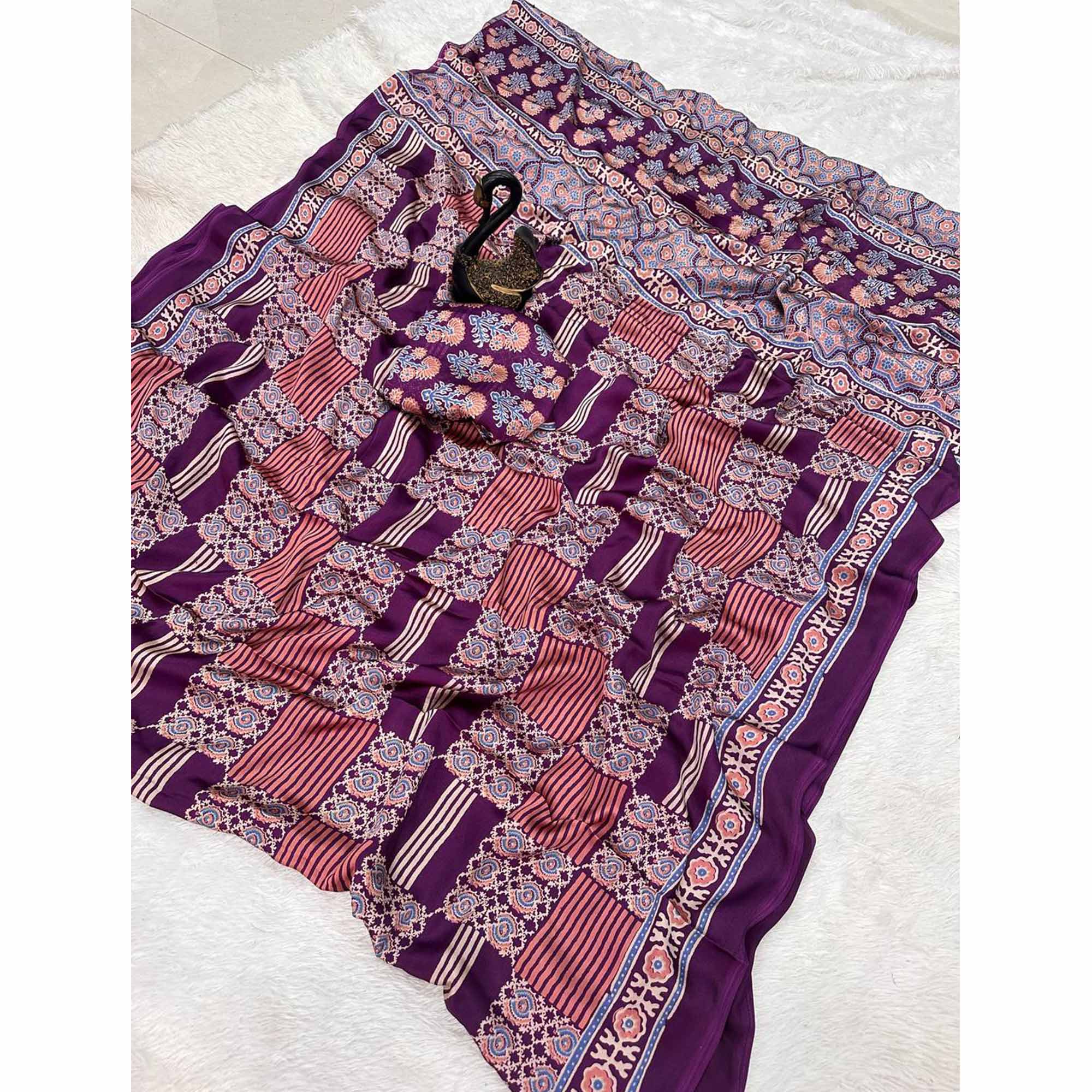 Designer Purple Ajrakh Print Pure Silk Saree for Special Occasions