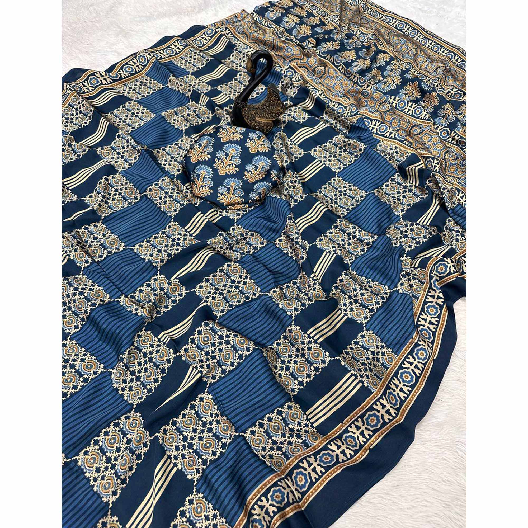 Designer Teal Ajrakh Print Pure Silk Saree for Special Occasions