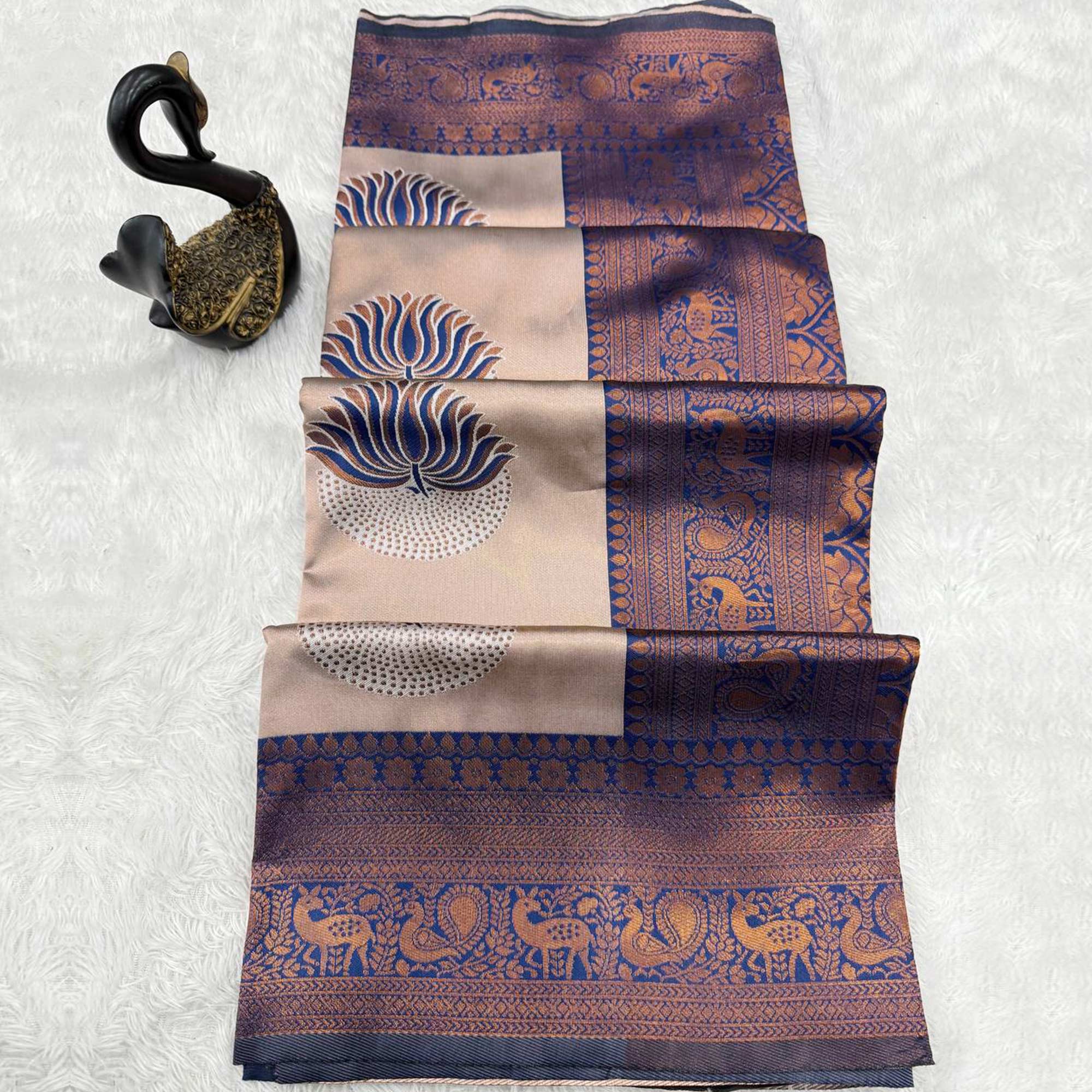 Navy Blue Floral Zari Weaving Banarasi Silk Saree Embellished With Intricate Unique Border & Pallu