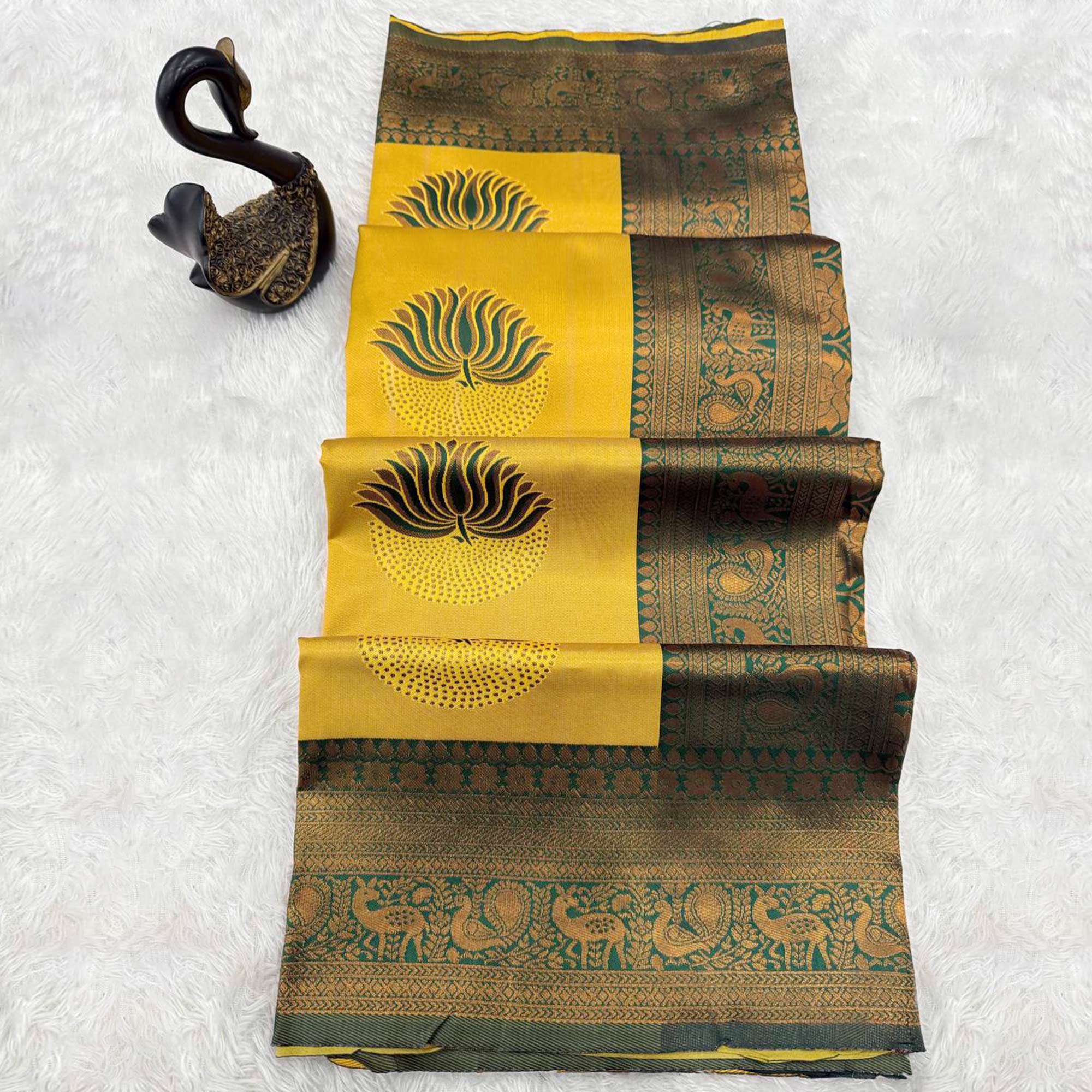 Yellow & Green Floral Zari Weaving Banarasi Silk Saree Embellished With Unique Border & Pallu