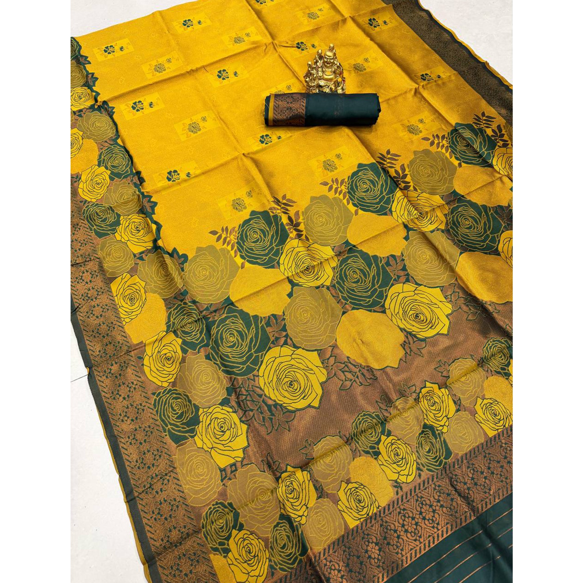 Mustard Handloom Banarasi Silk Saree Enhanced with Artistic Floral Zari Weaving for Timeless Appeal