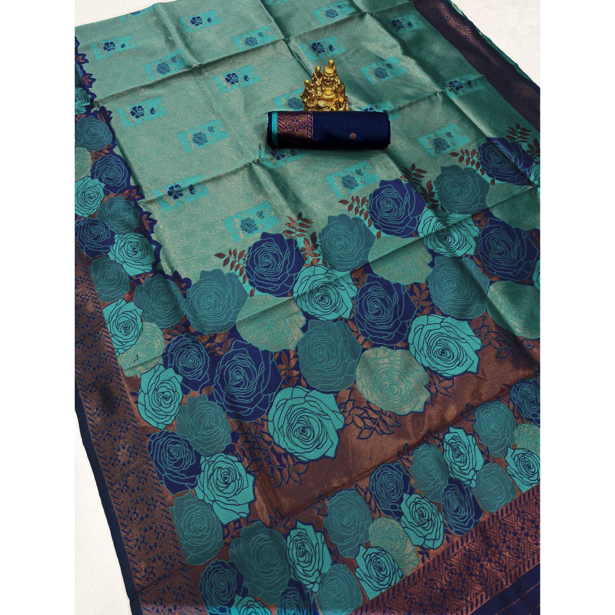 Teal Handloom Banarasi Silk Saree Enhanced with Artistic Floral Zari Weaving for Timeless Appeal