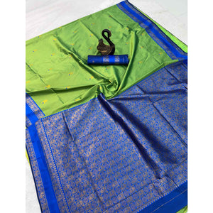 Lemon Green Handwoven Kanjivaram Silk Saree Detailed with Fine Zari Butti Motifs