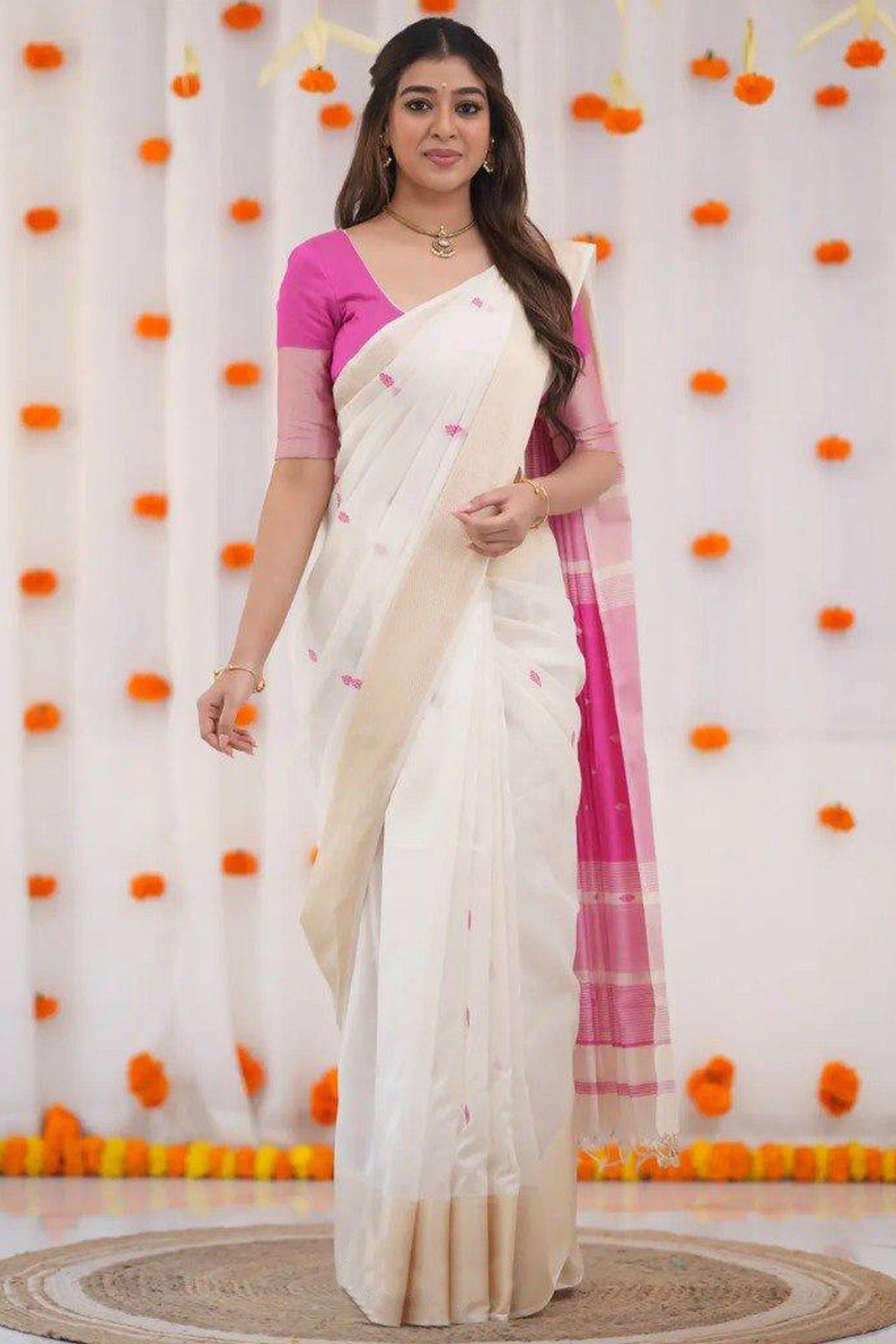 White and Pink Zari-Woven Linen Cotton Saree Offering a Refined Festive Look