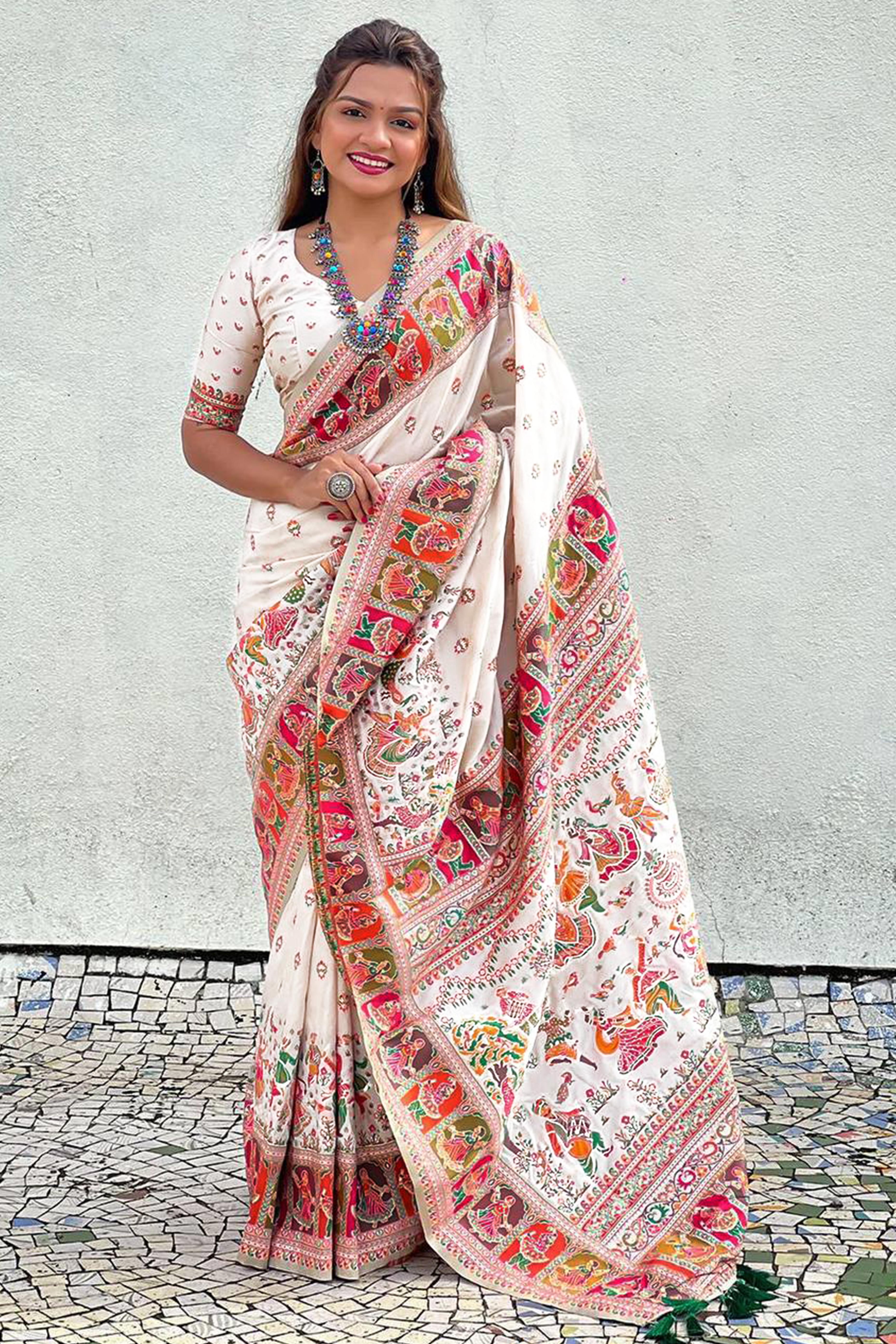 White Pashmina Silk Saree Enhanced with Intricate Rajwadi Zari Weaves for Festive Elegance