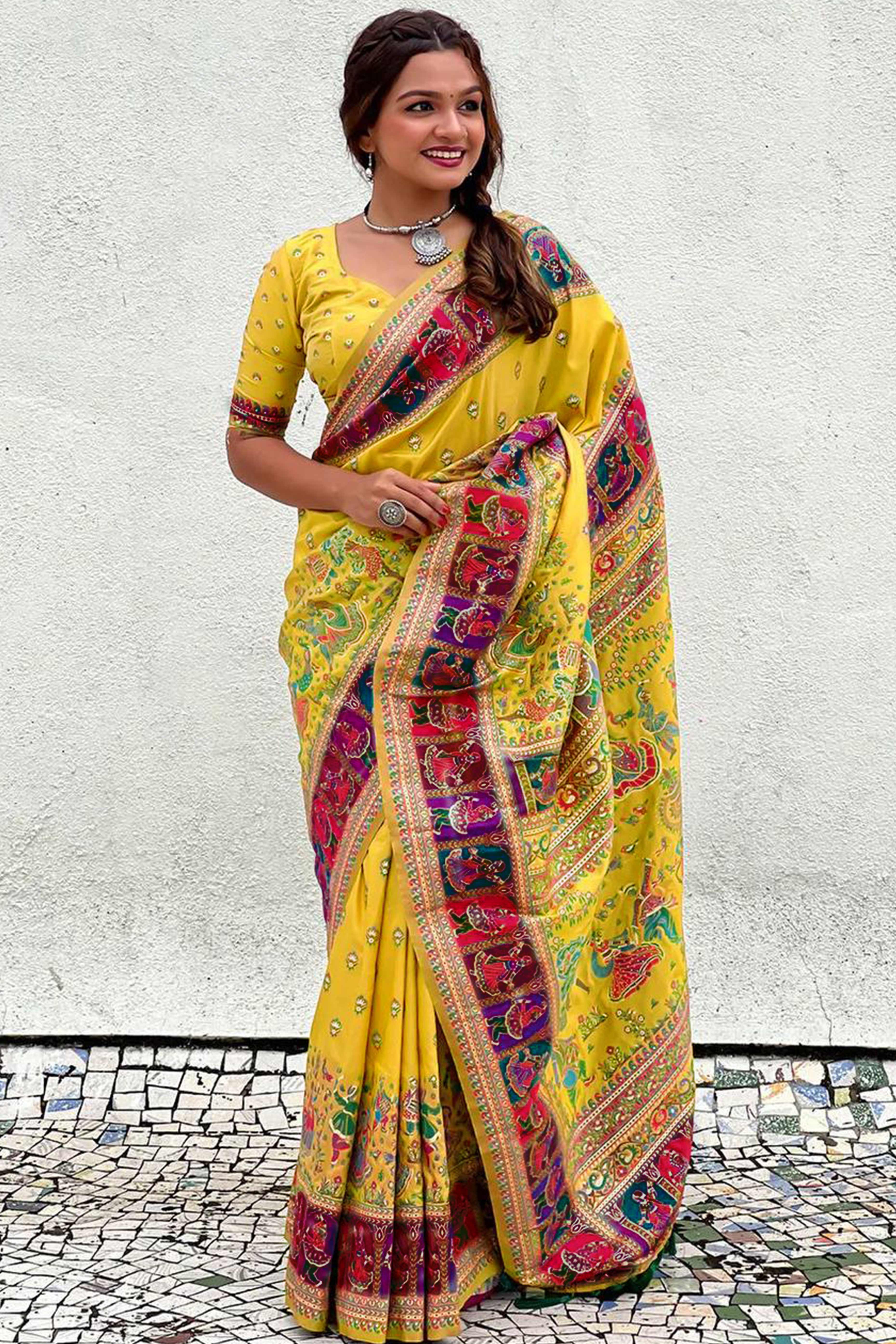 Yellow Pashmina Silk Saree Enhanced with Intricate Rajwadi Zari Weaves for Festive Elegance
