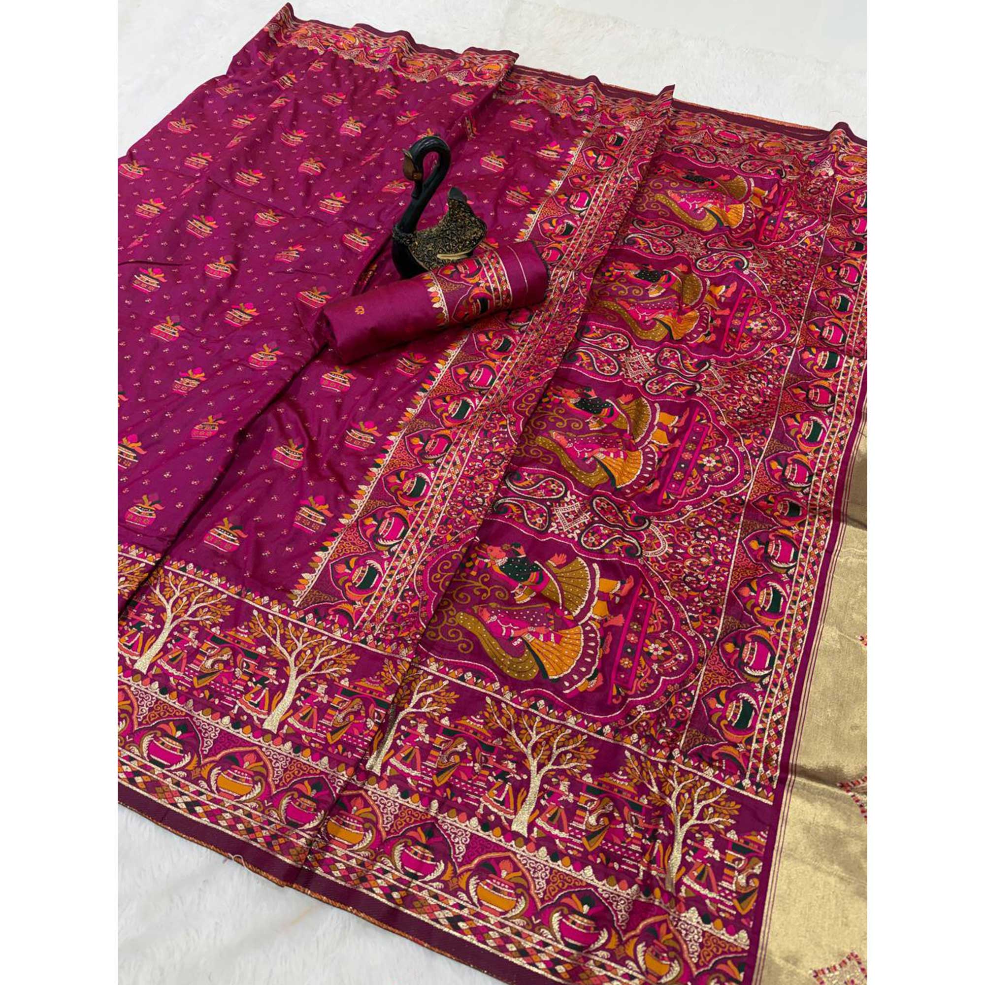Magenta Madhubani Inspired Weaving Pashmina Silk Saree Perfect for Refined Festive