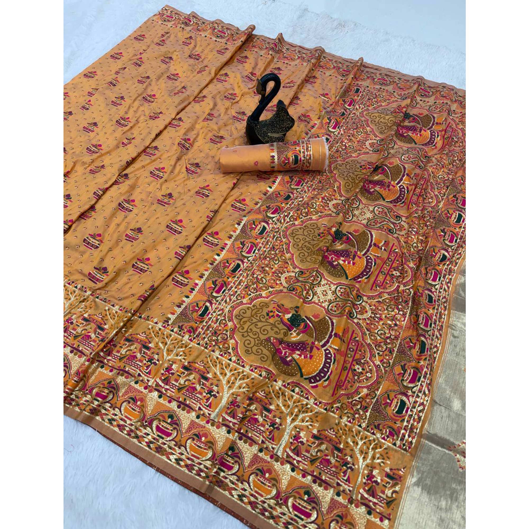 Mustard Madhubani Inspired Weaving Pashmina Silk Saree Perfect for Refined Festive