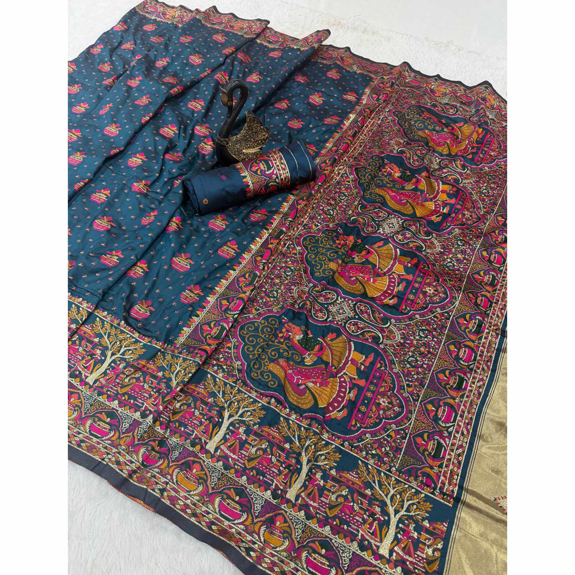 Teal Madhubani Inspired Weaving Pashmina Silk Saree Perfect for Refined Festive